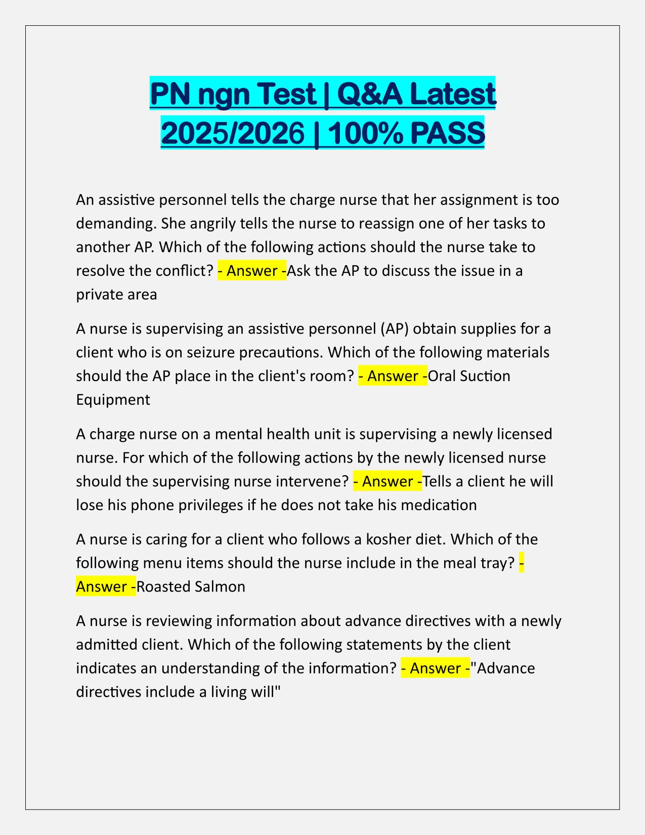 PN ngn Test Questions and Correct Answers 2025