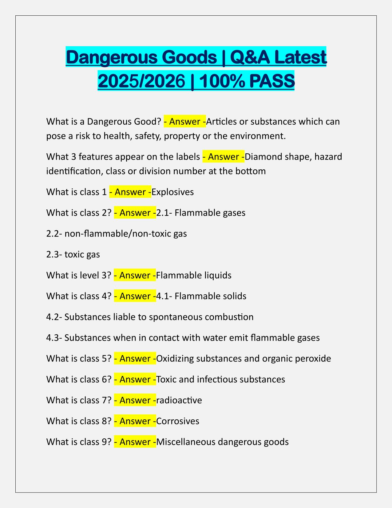 Dangerous Goods Questions and Verified Answers Latest Update