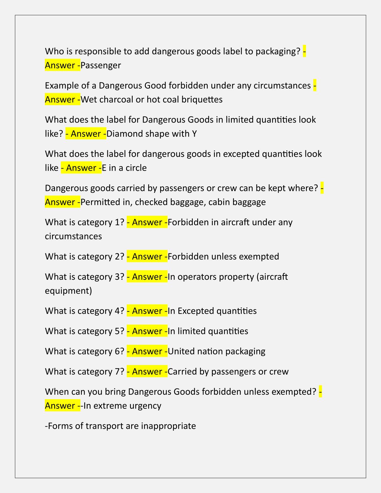 Dangerous Goods Questions and Verified Answers Latest Update
