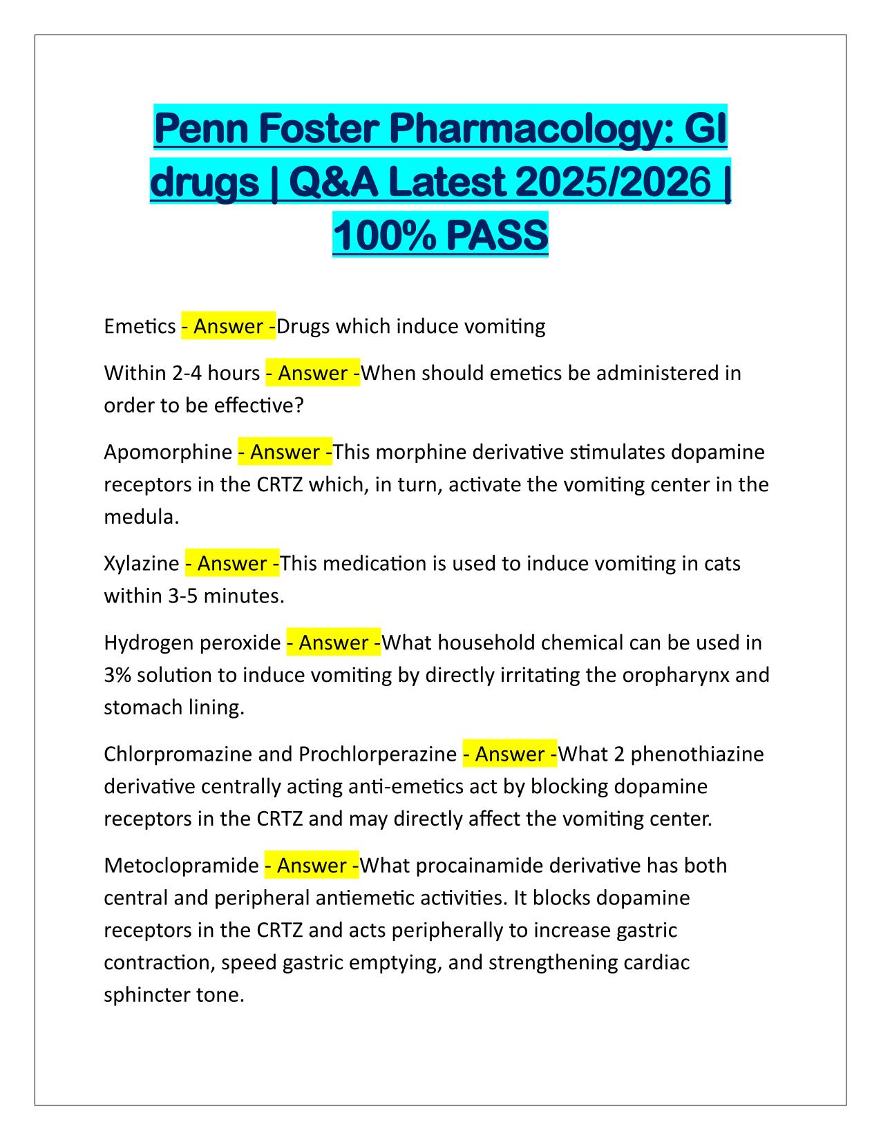 Penn Foster Pharmacology GI drugs Q&A Latest Update