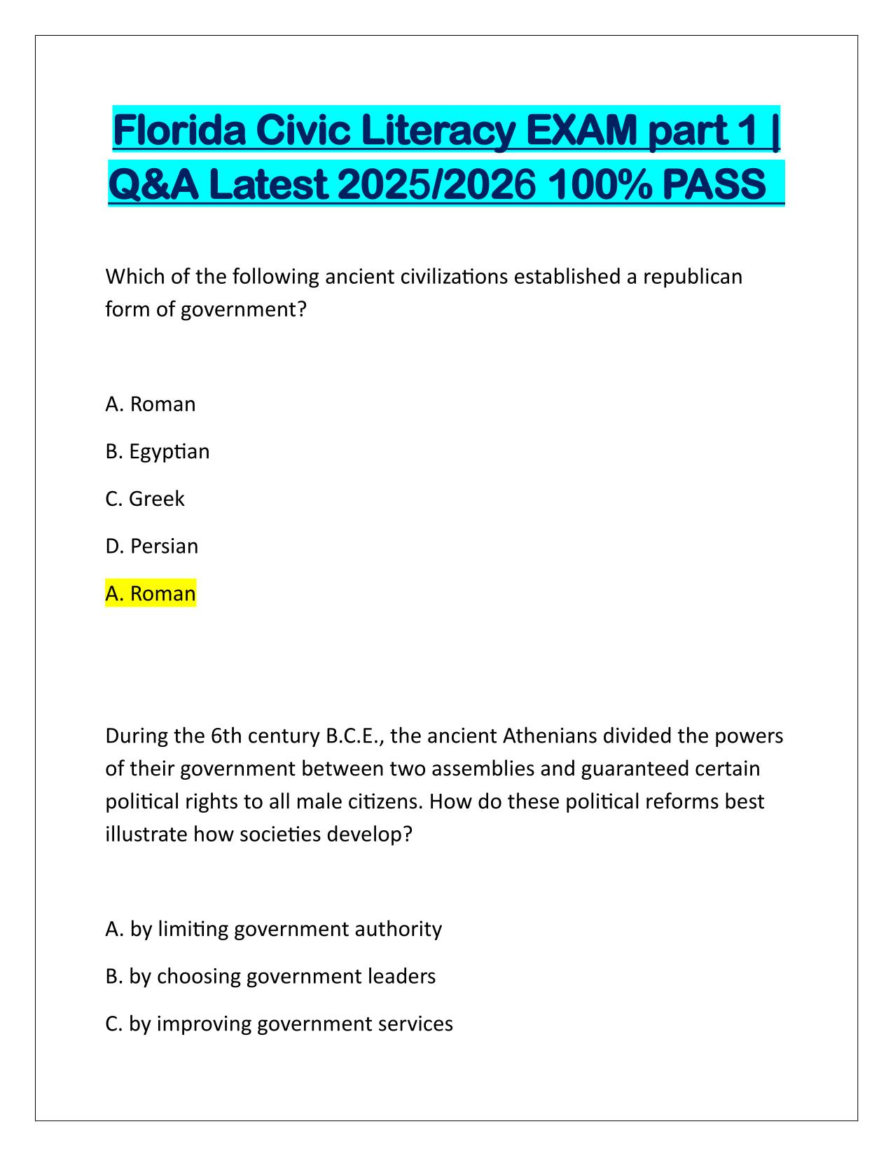 Florida Civic Literacy EXAM part 1 Correctly Answered Latest Update