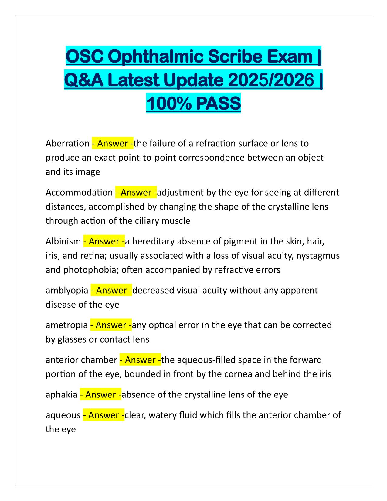 OSC Ophthalmic Scribe Exam Q&A Latest Update