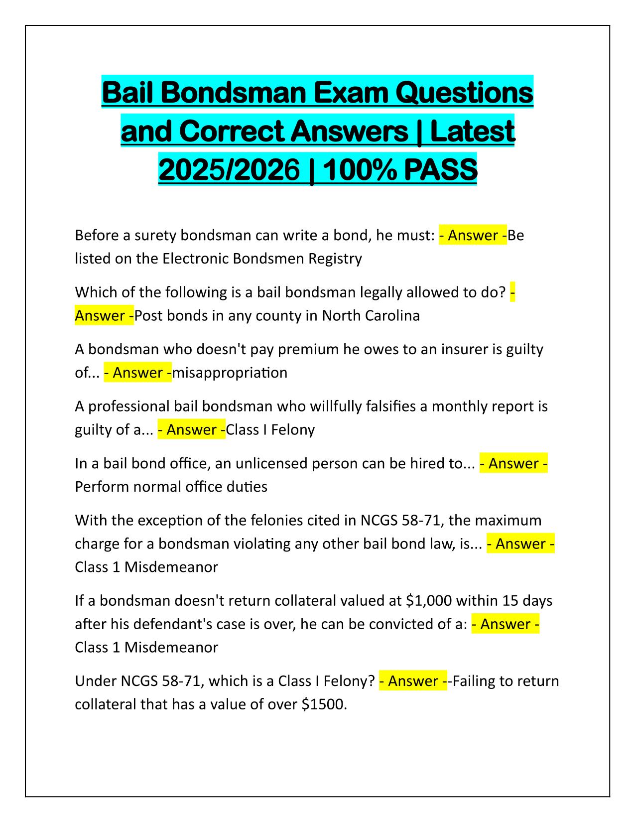 Bail Bondsman Exam Questions and Correct Answers Latest 2025