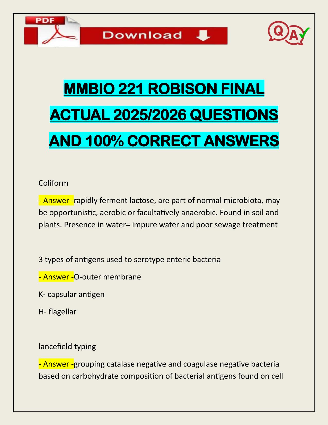 MMBIO 221 ROBISON FINAL ACTUAL 2025/2026 WITH CORRECT ANSWERS