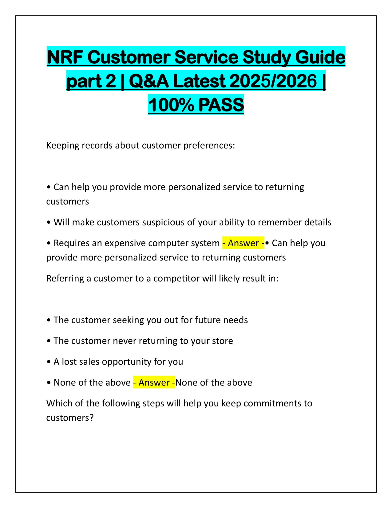 NRF Customer Service Study Guide part 2 Q&A Latest Update