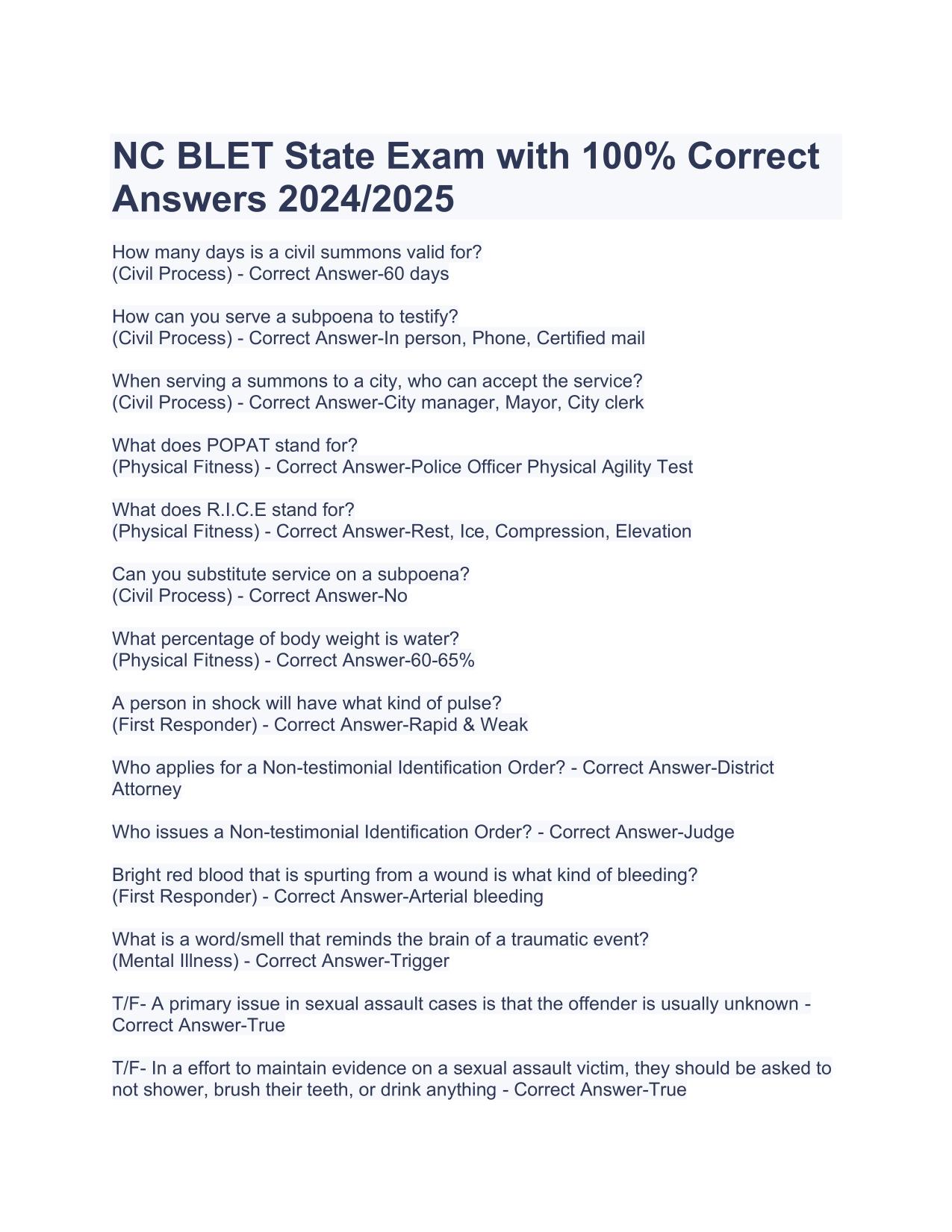 2025 NC BLET State Exam with 100% Correct Answers