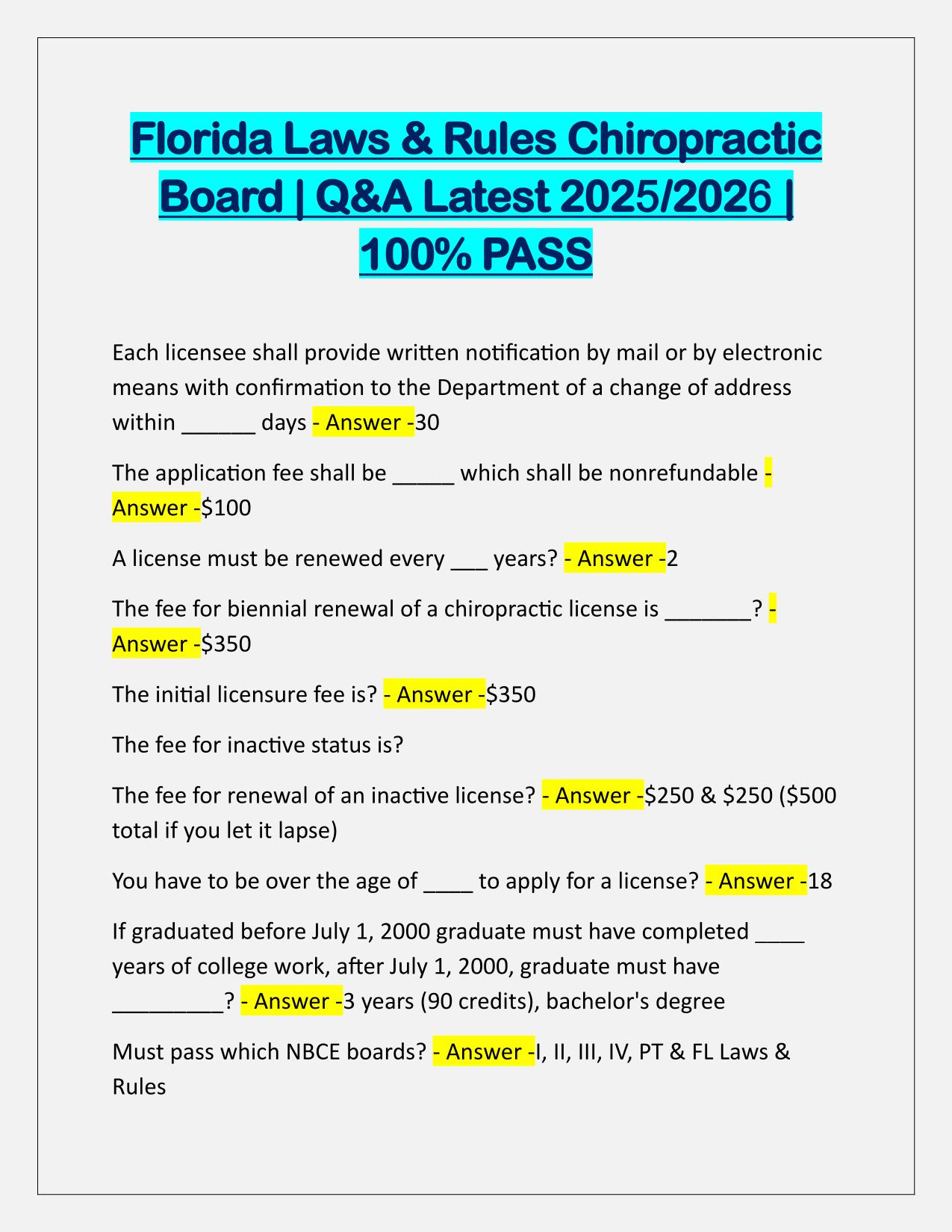 Bundle for Florida LAWS and Rules Chiropractic  EXAMS Q&A Latest Update 2025-2026