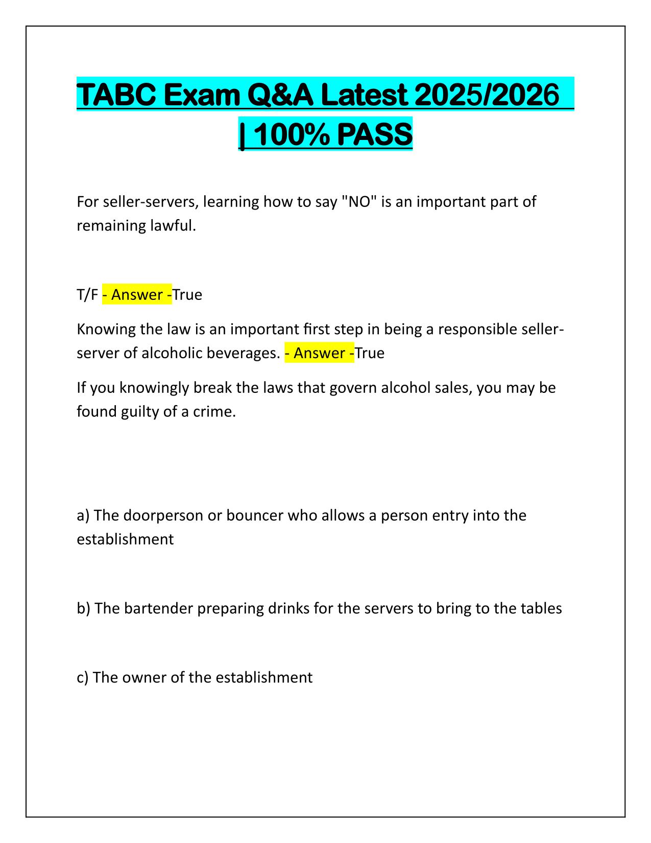 Bundle for TABC-Texas Alcoholic Beverage Commission EXAMS Questions and Correct Answers Latest Update 2025-2026