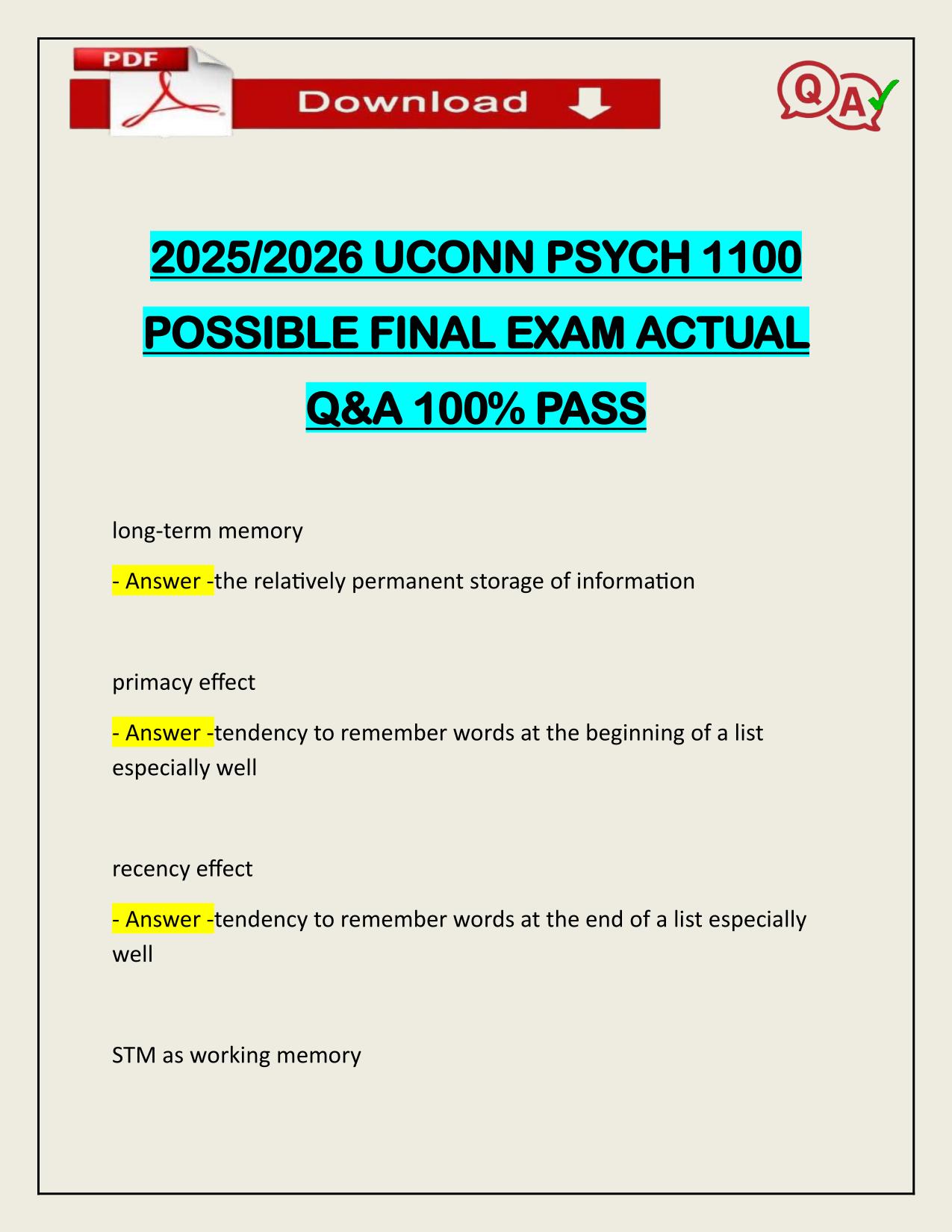 2025/2026 UCONN PSYCH 1100 POSSIBLE FINAL EXAM ACTUAL Q&A 100% PASS