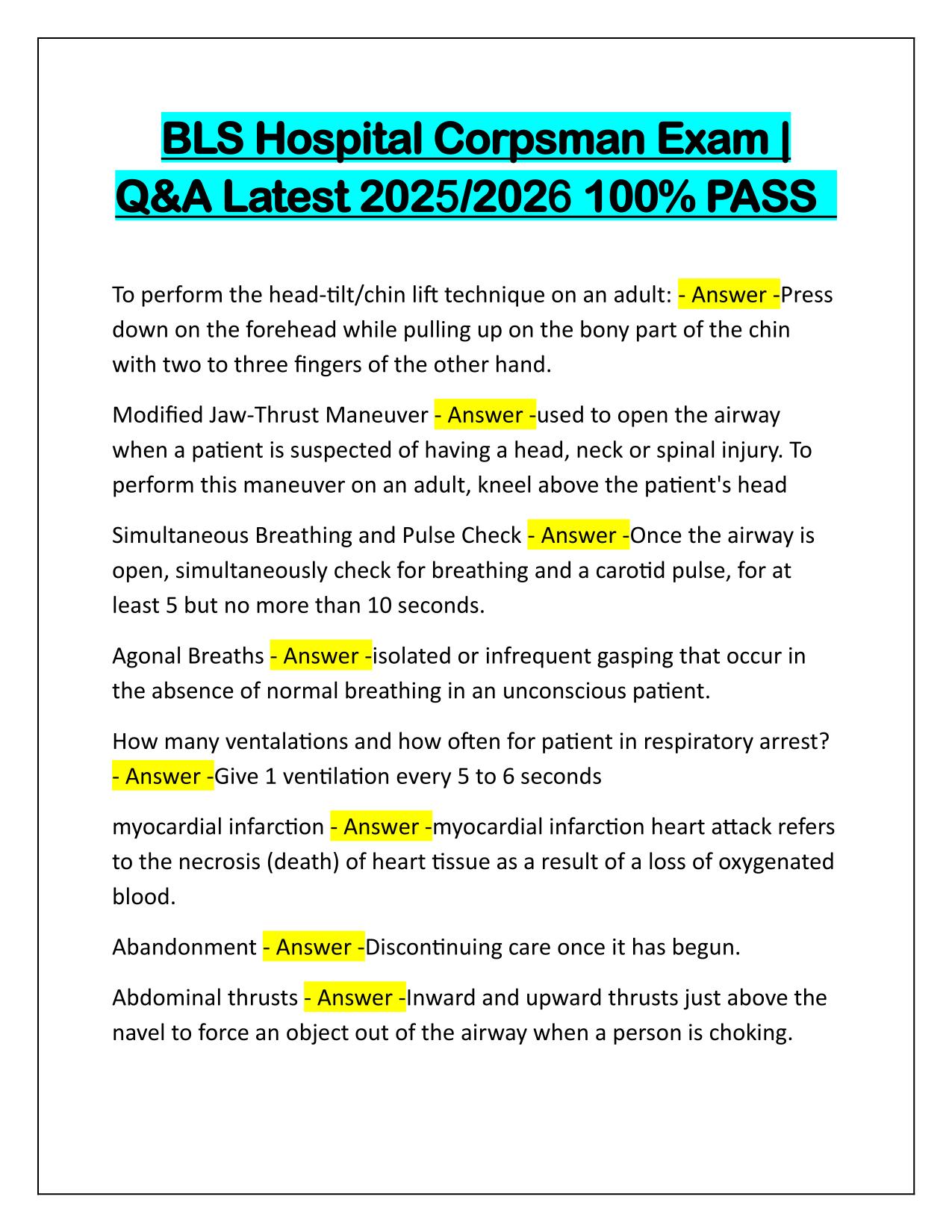 BLS Hospital Corpsman Exam Correctly Answered Latest Update