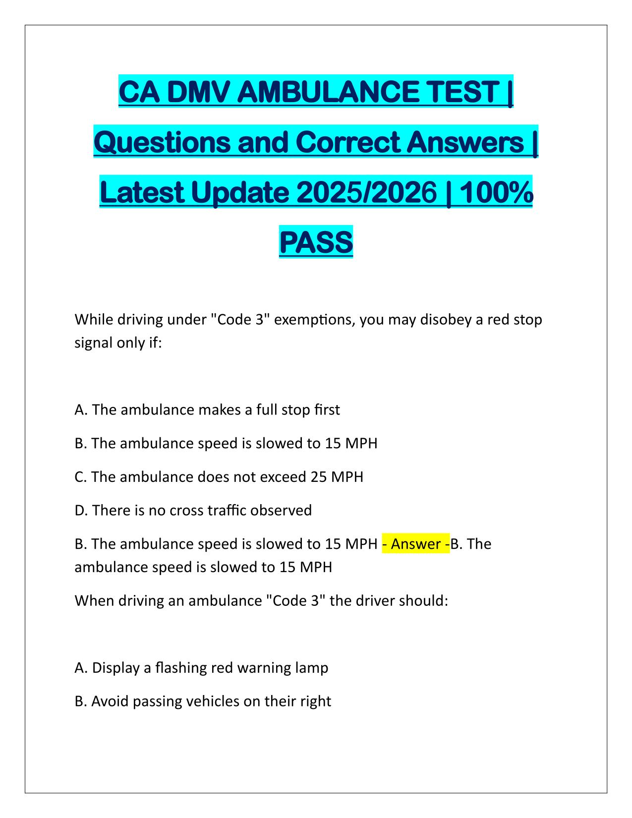CA DMV AMBULANCE TEST Questions and Answers Latest