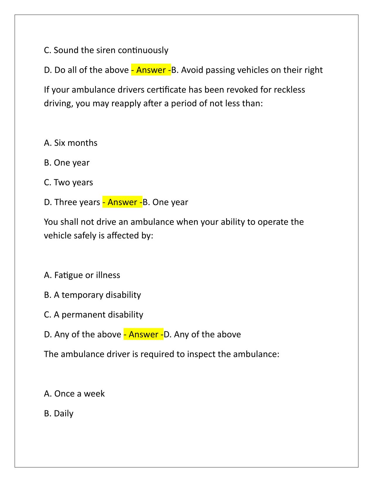 CA DMV AMBULANCE TEST Questions and Answers Latest