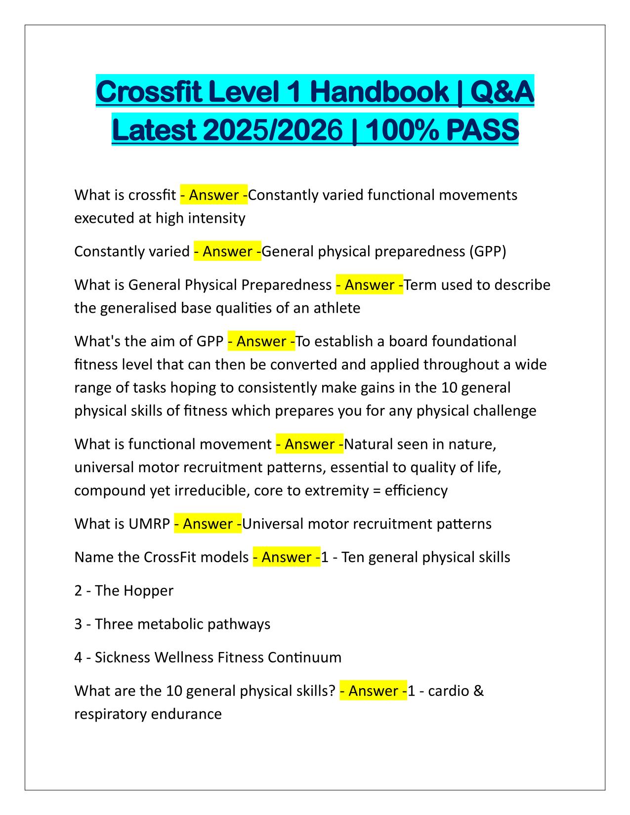 Bundle for CrossFit L1-Level 1 EXAMS Q&A Latest Update