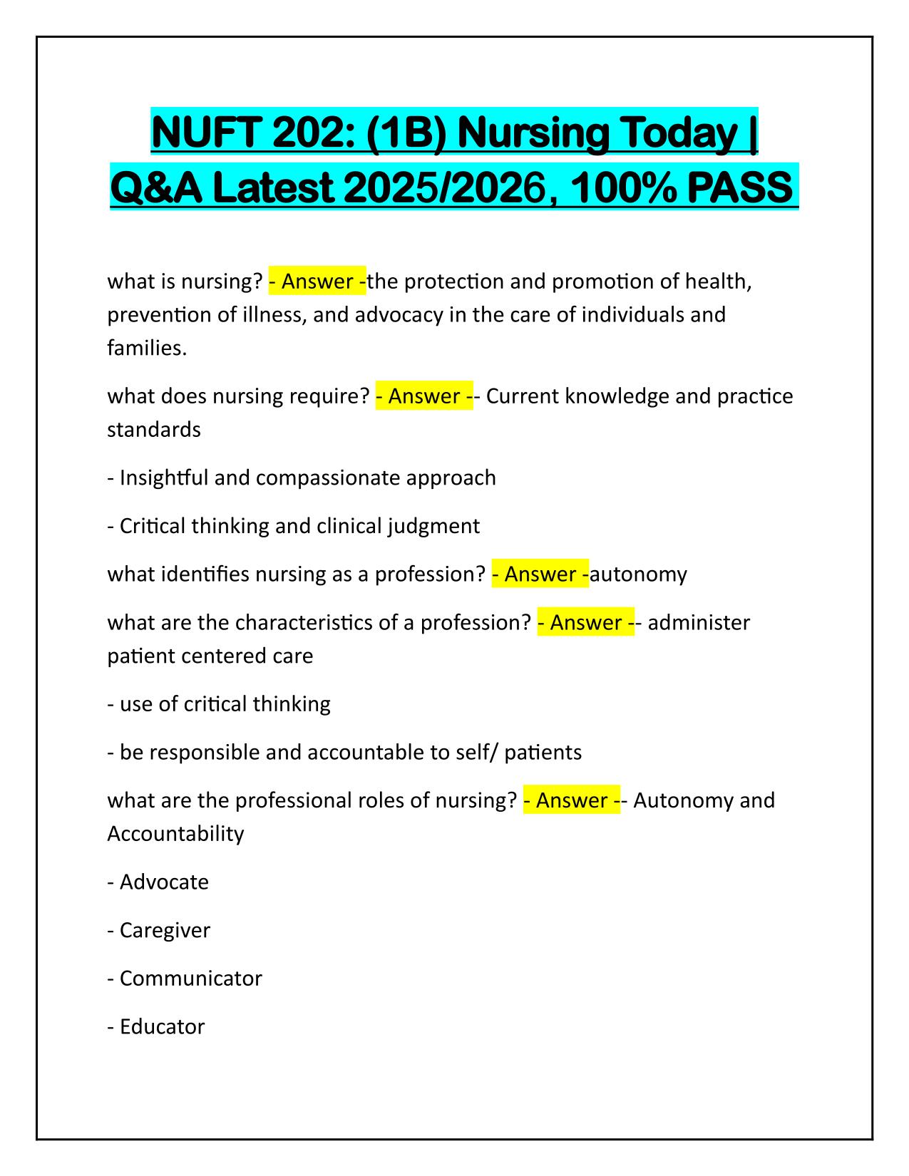 NUFT 202, 1B Nursing Today Correctly Answered 2025 Update