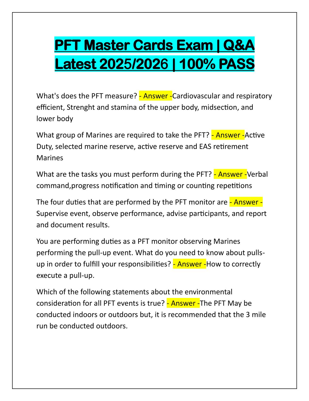 PFT Master Cards Exam Q&A Latest Update 2025-2026