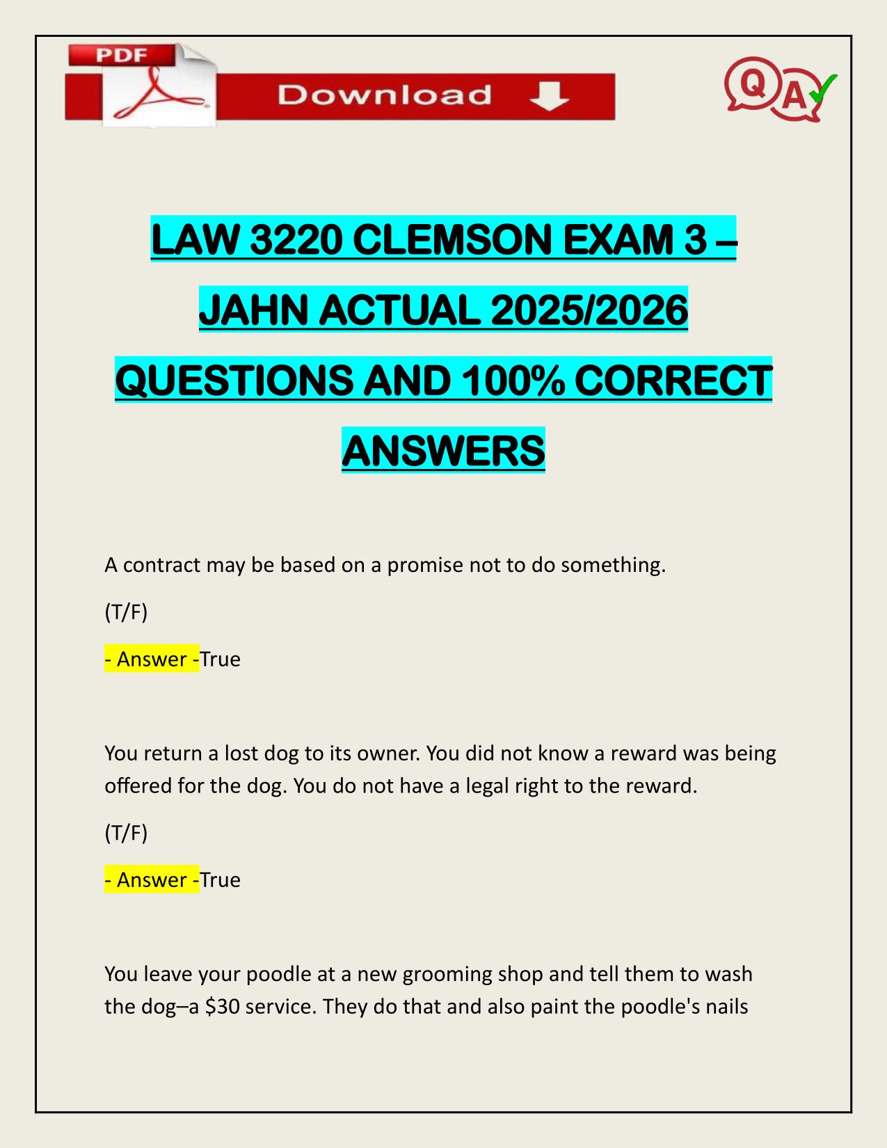 LAW 3220 CLEMSON EXAM 3 – JAHN ACTUAL 2025/2026 WITH VERIFIED ANSWERS
