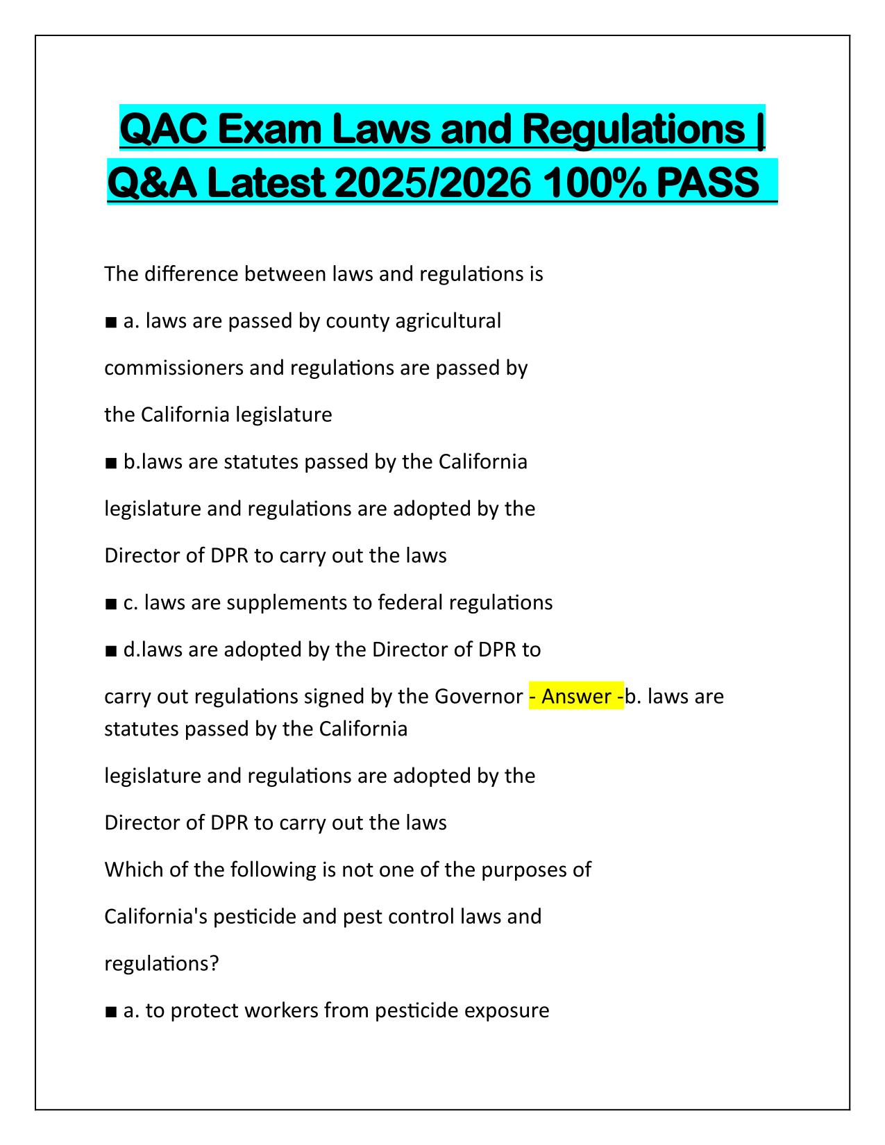 QAC Exam Laws and Regulations Correctly Answered Latest Update