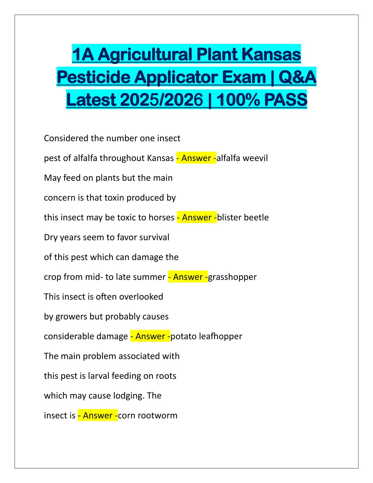 1A Agricultural Plant Kansas Pesticide Applicator Exam Q&A Latest Update