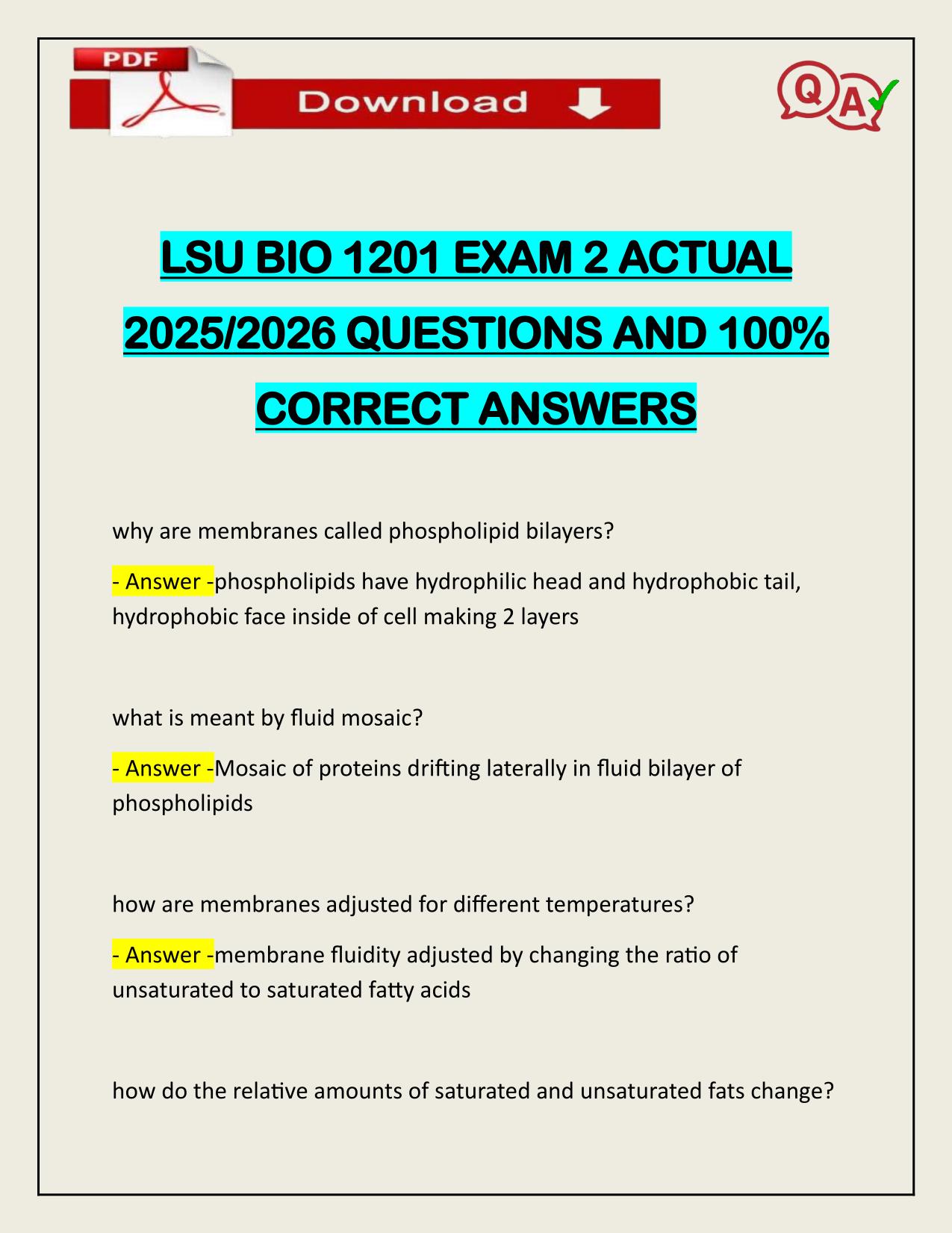 LSU BIO 1201 EXAM 2 ACTUAL 2025/2026 QUESTIONS AND 100% CORRECT ANSWERS