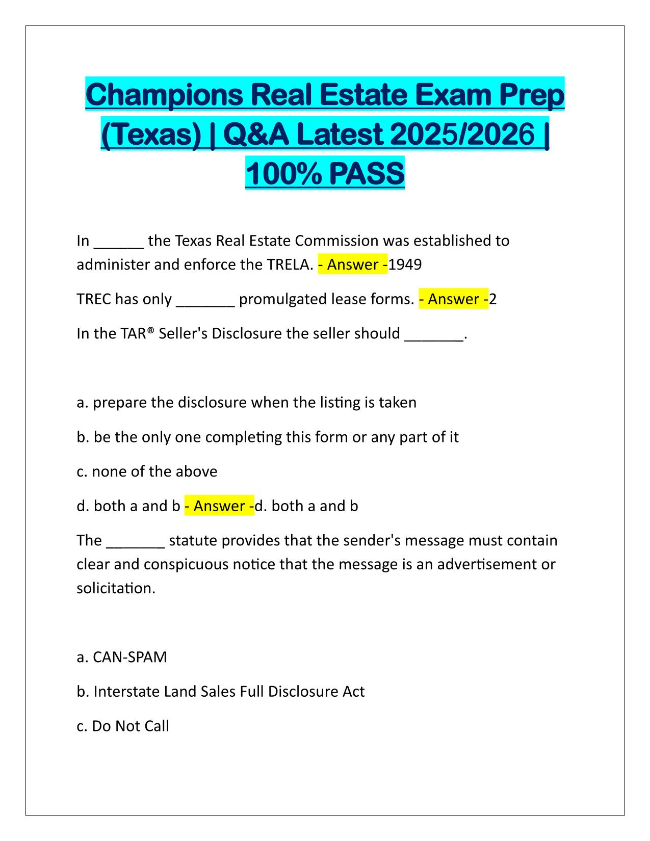 Champions Real Estate Exam Prep (Texas) Q&A Latest Update