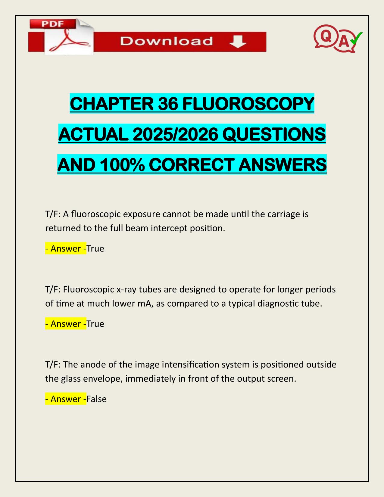CHAPTER 36 FLUOROSCOPY ACTUAL 2025/2026 CORRECTLY ANSWERED