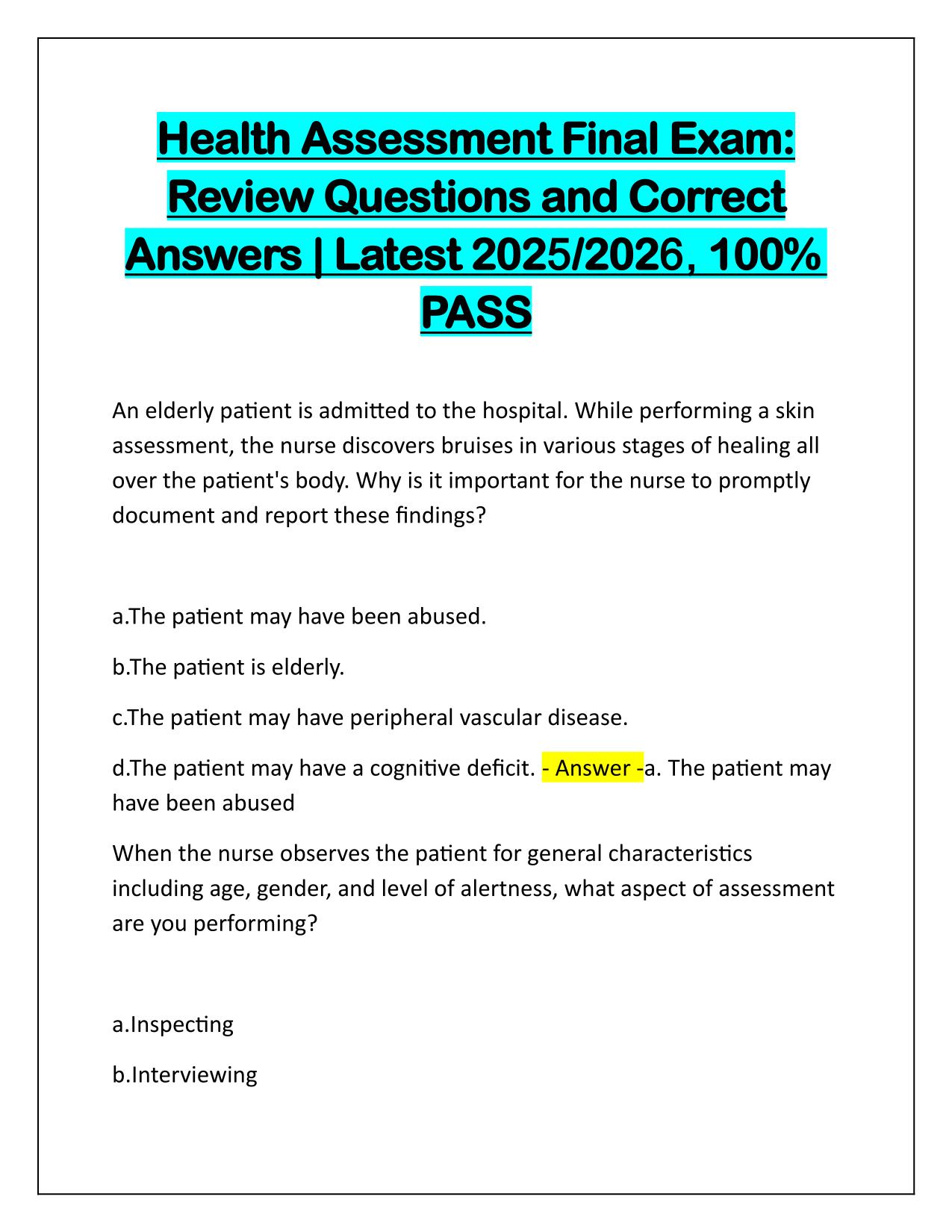 Health Assessment Final Exam Review Questions and Correct Answers