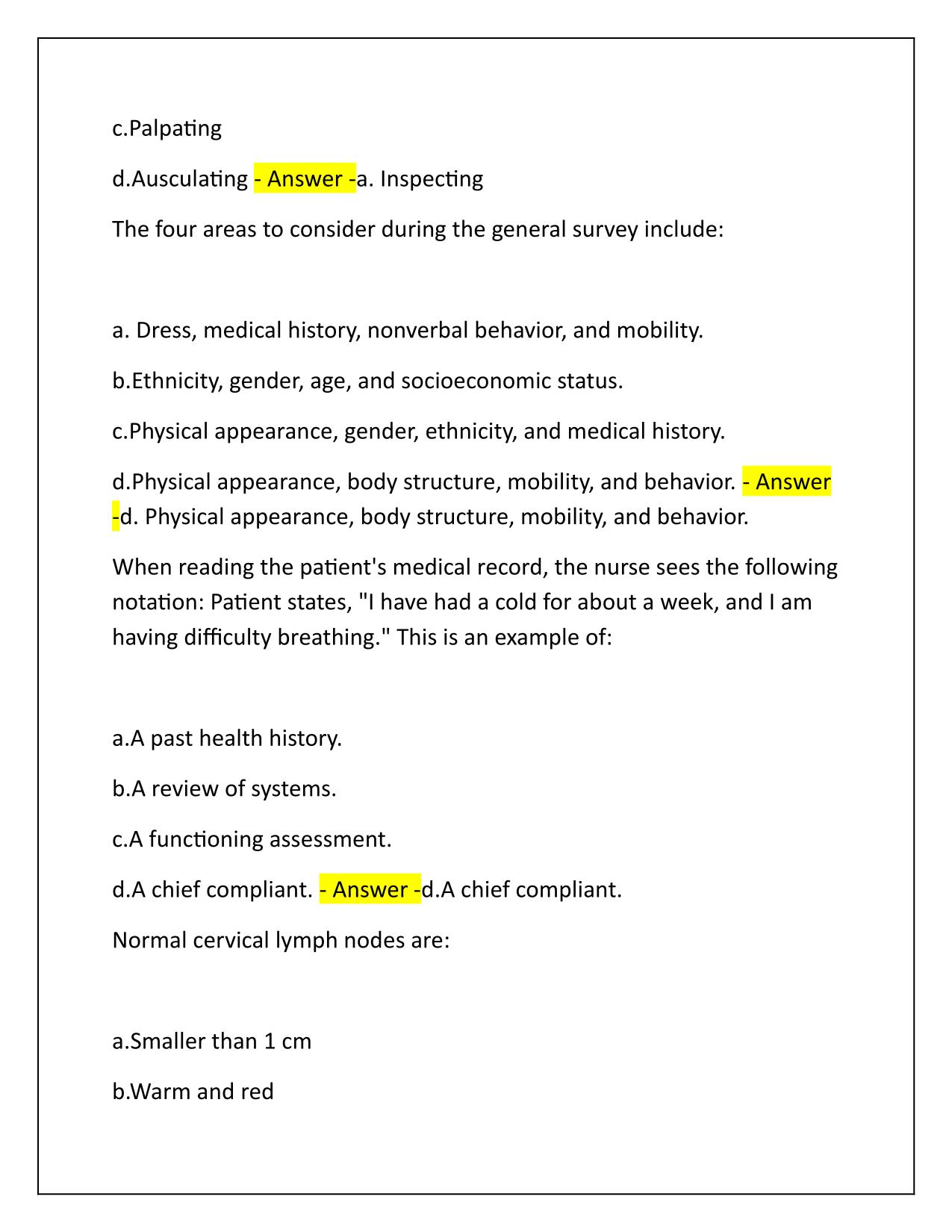 Health Assessment Final Exam Review Questions and Correct Answers