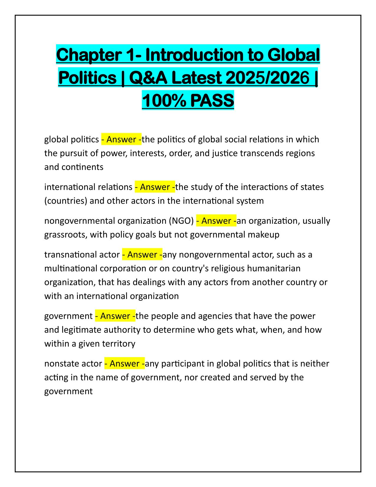 Chapter 1-Introduction to Global Politics Q&A Latest Update 2025