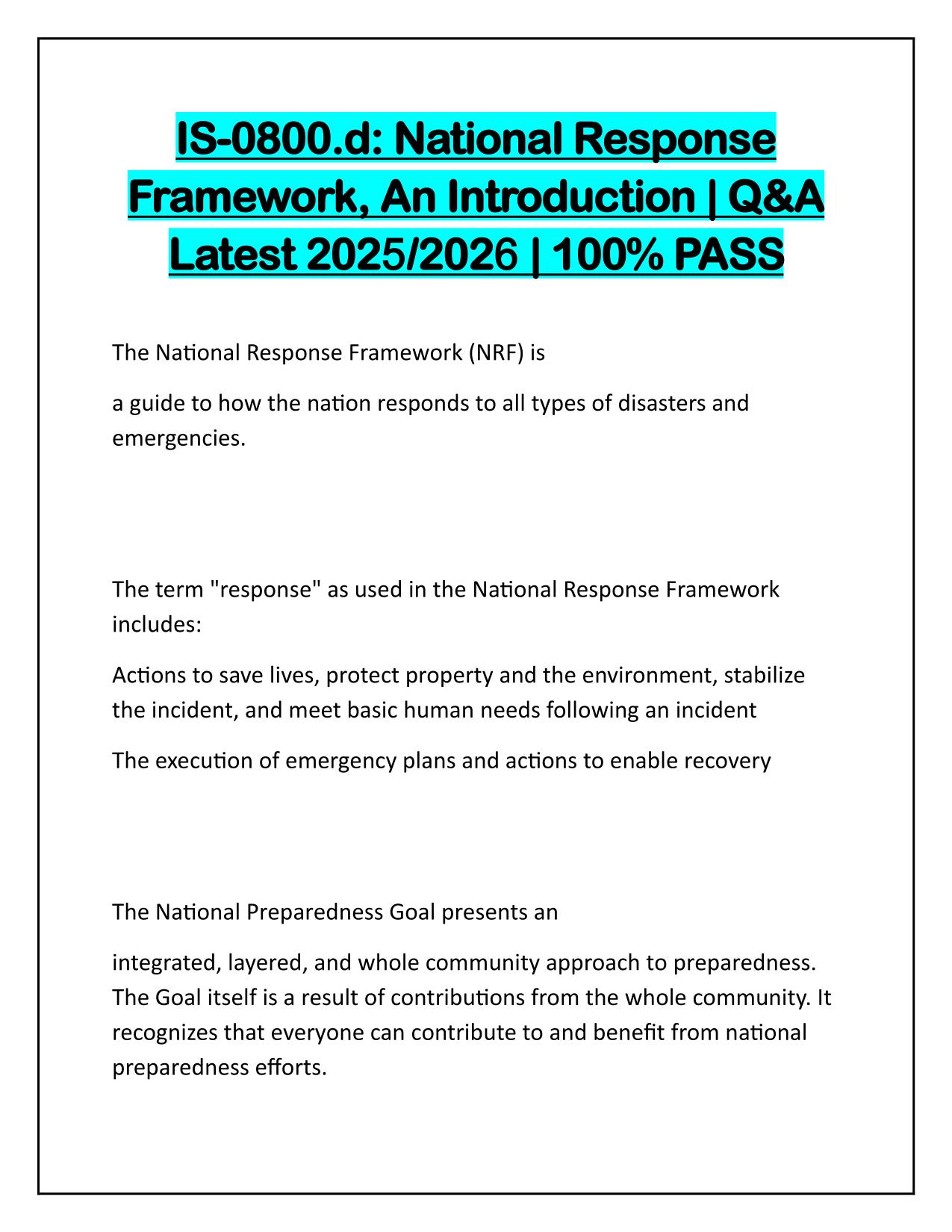 IS-0800d National Response Framework, An Introduction Correctly Answered Latest Update