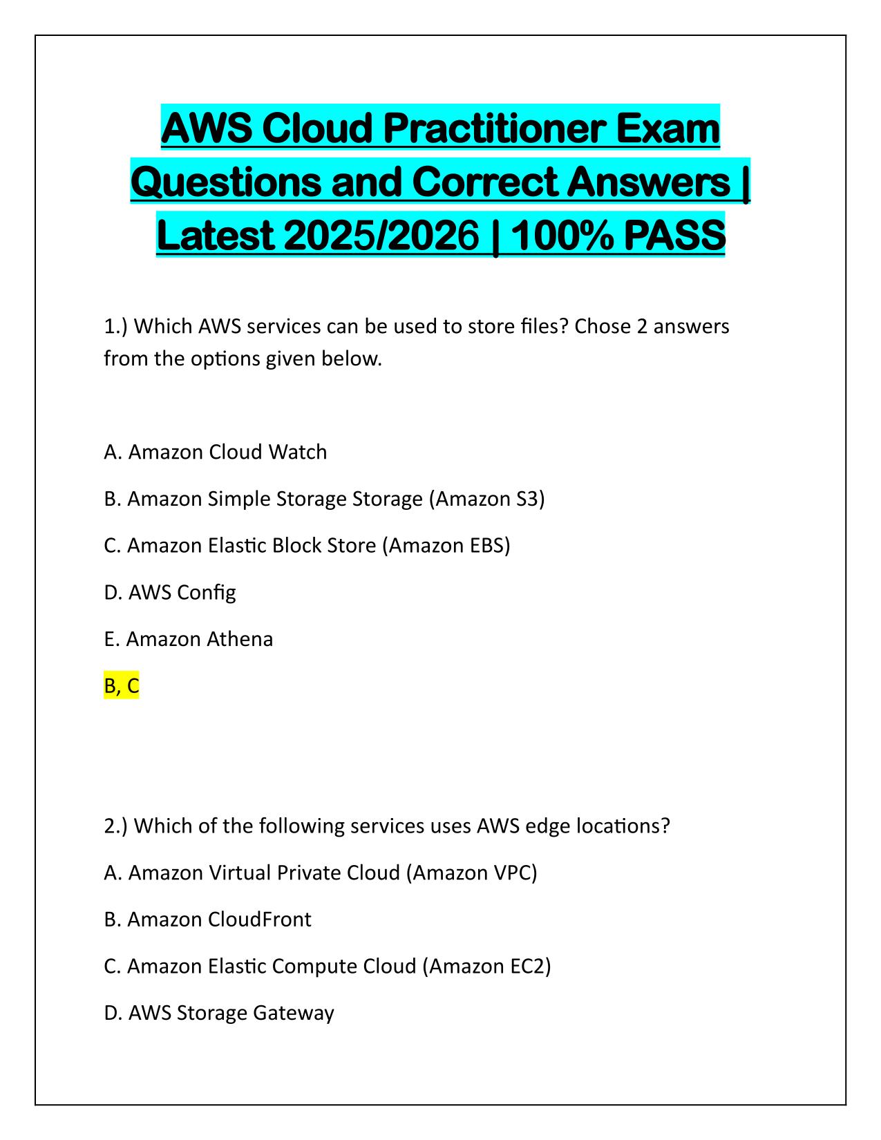 AWS Cloud Practitioner Exam Questions and Correct Answers Latest Update 2025-2026