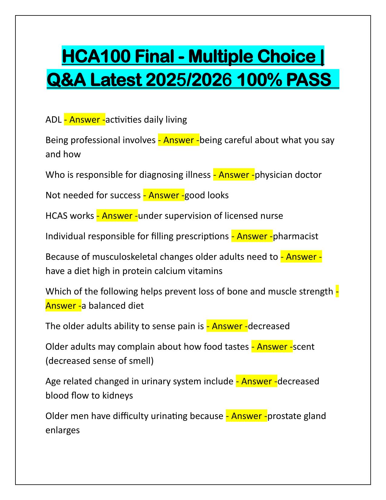 HCA100 Final-Multiple Choice Q&A Latest Update 2025