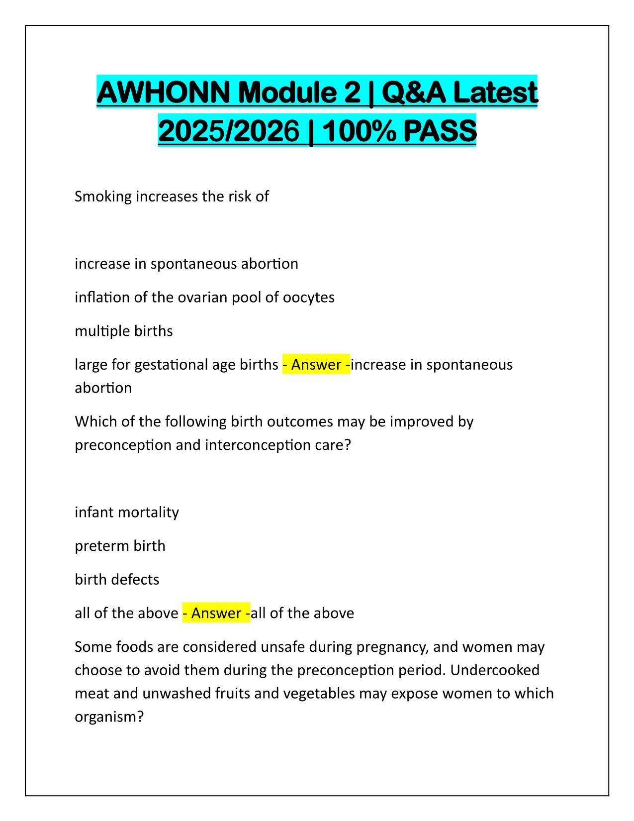 AWHONN Module 2 Questions and Correct Answers 2025-2026 Update