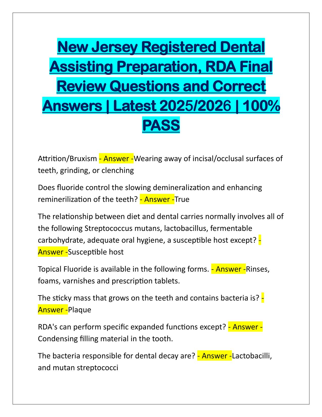 New Jersey Registered Dental Assisting Preparation, RDA Final Review Q&A Latest Update