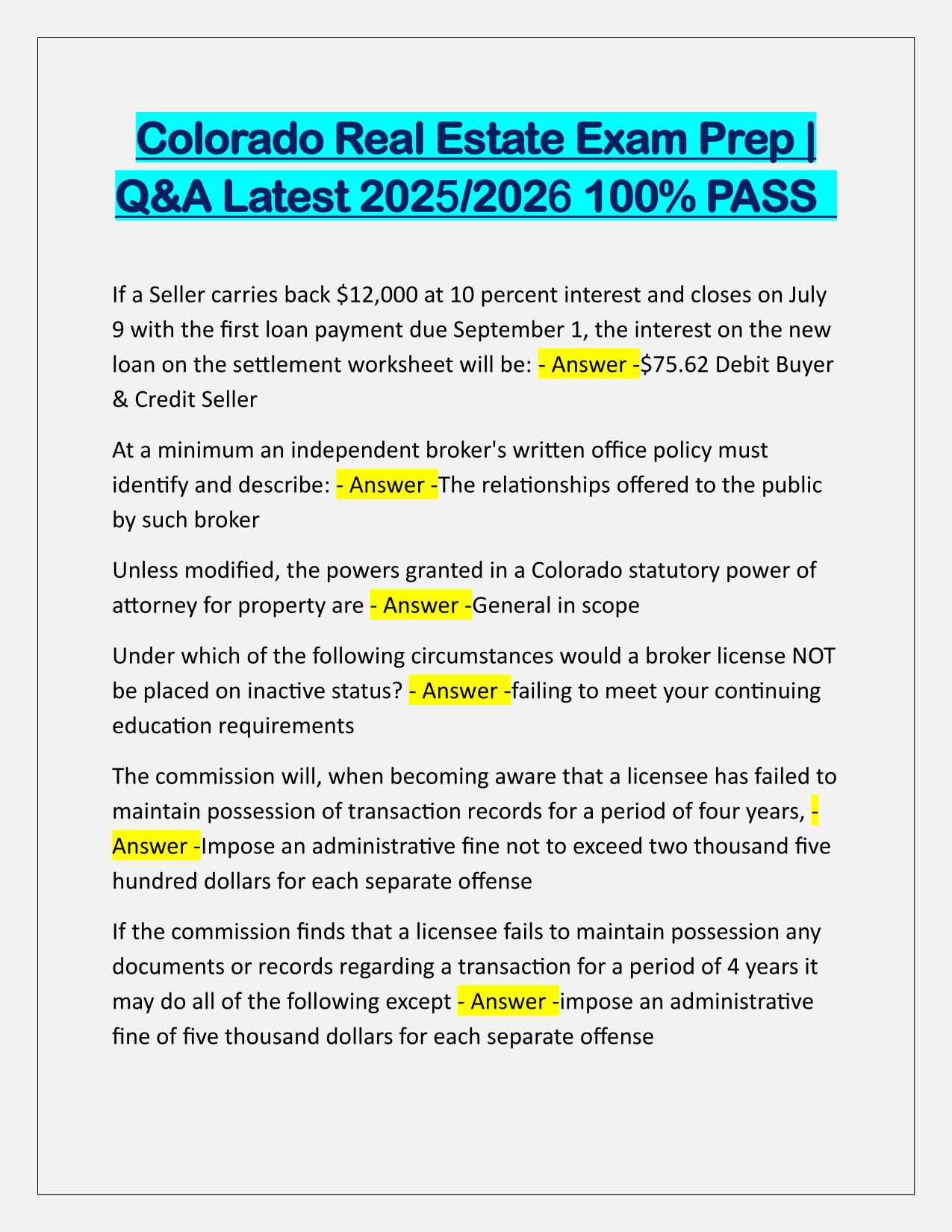 Colorado Real Estate Exam Prep Q&A Latest Update