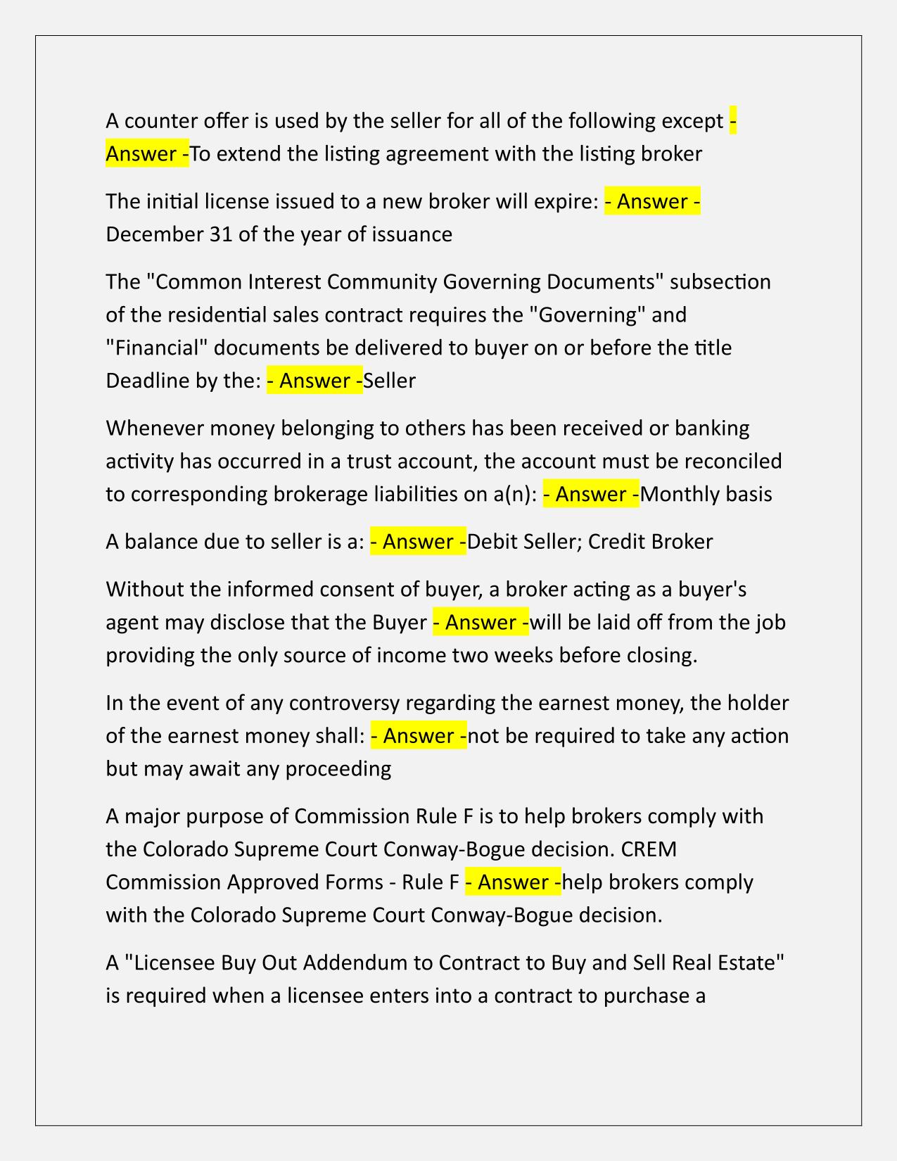 Colorado Real Estate Exam Prep Q&A Latest Update