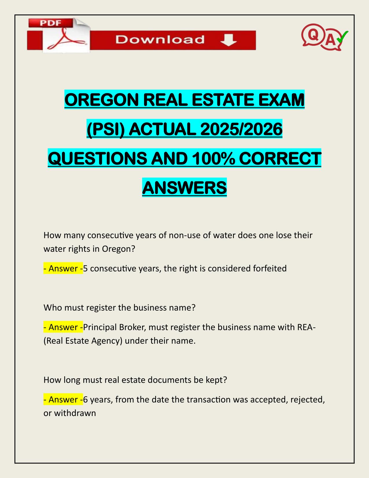 OREGON REAL ESTATE EXAM (PSI) ACTUAL 2025/2026 WITH VERIFIED ANSWERS
