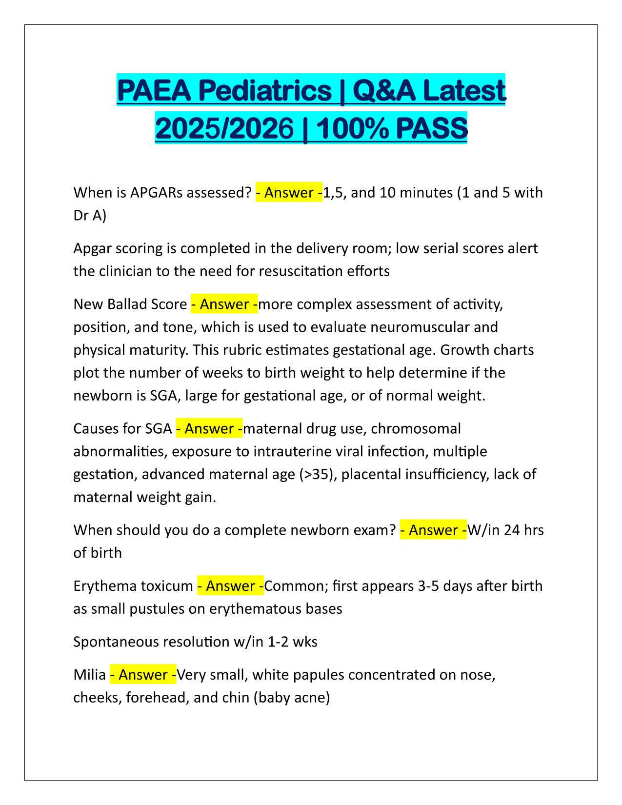 PAEA Pediatrics EXAM Q&A Latest Update