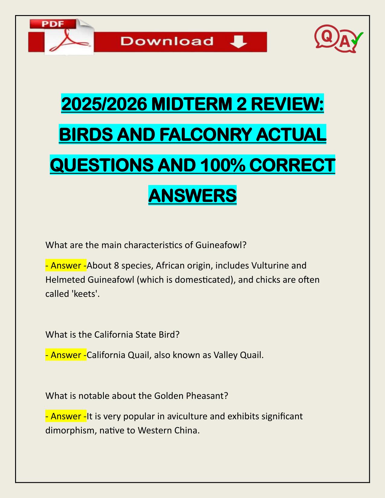 2025/2026 MIDTERM 2 REVIEW: BIRDS AND FALCONRY ACTUAL Q&A