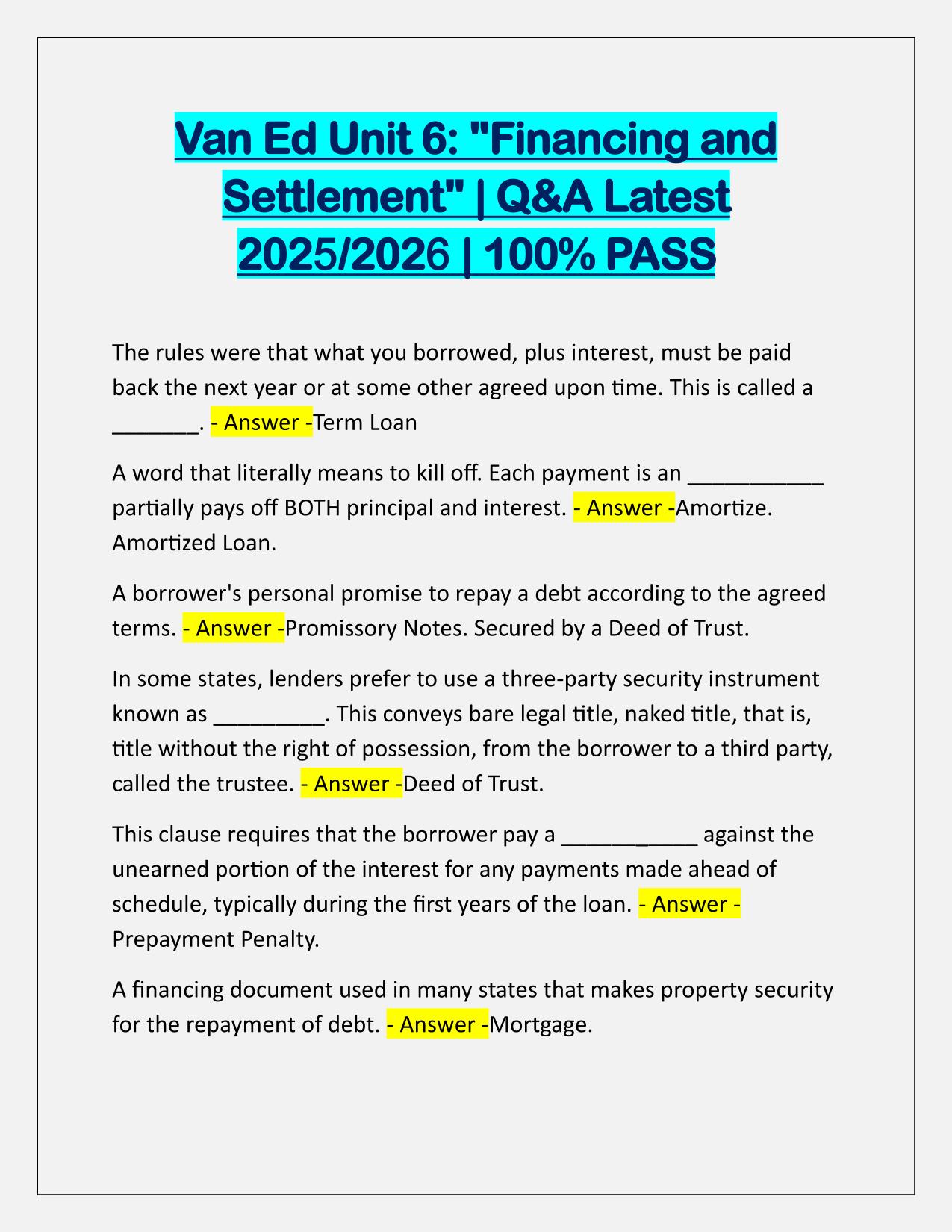 Van Ed Unit 6 Financing and Settlement Correctly Answered Latest Update