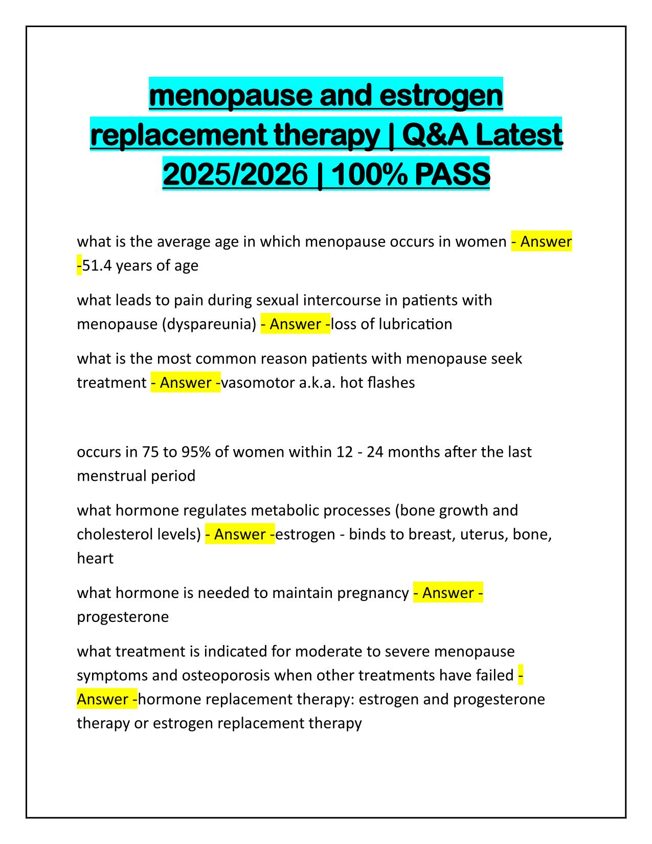 Bundle for Menopause Exams Questions and Correct Answers 2025-2026 Update