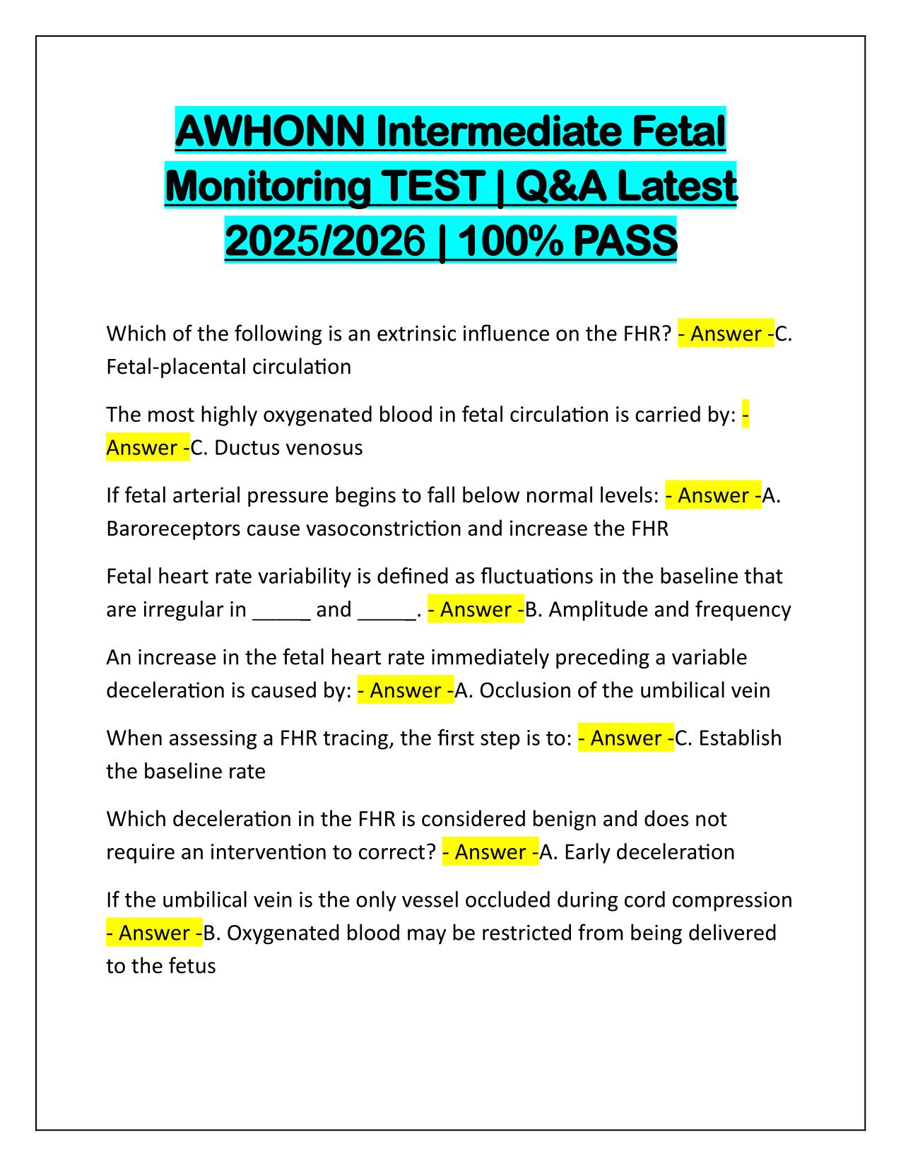 AWHONN Intermediate Fetal Monitoring TEST Q&A Latest Update 2025-2026