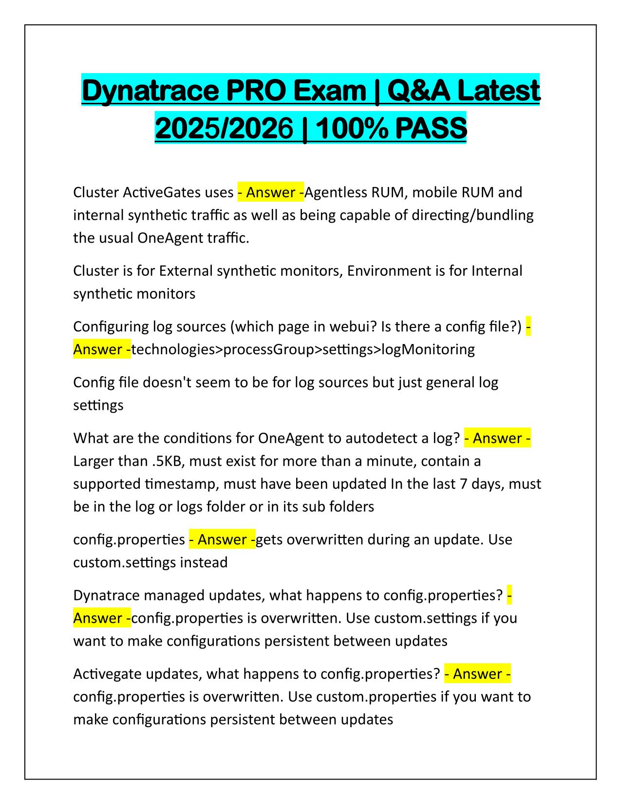 Dynatrace PRO Exam Q&A Latest Update