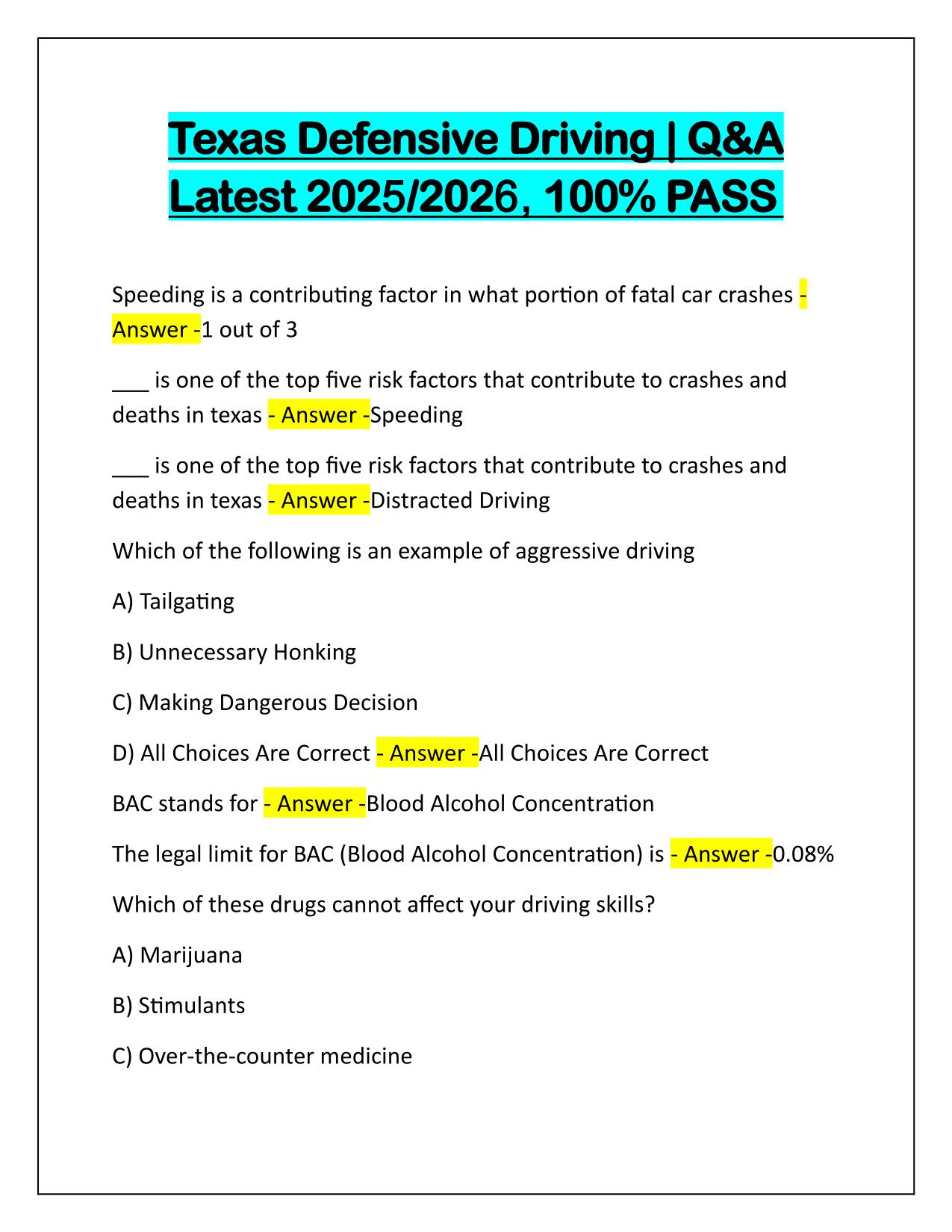 Texas Defensive Driving Questions and Correct Answers 2025 Update