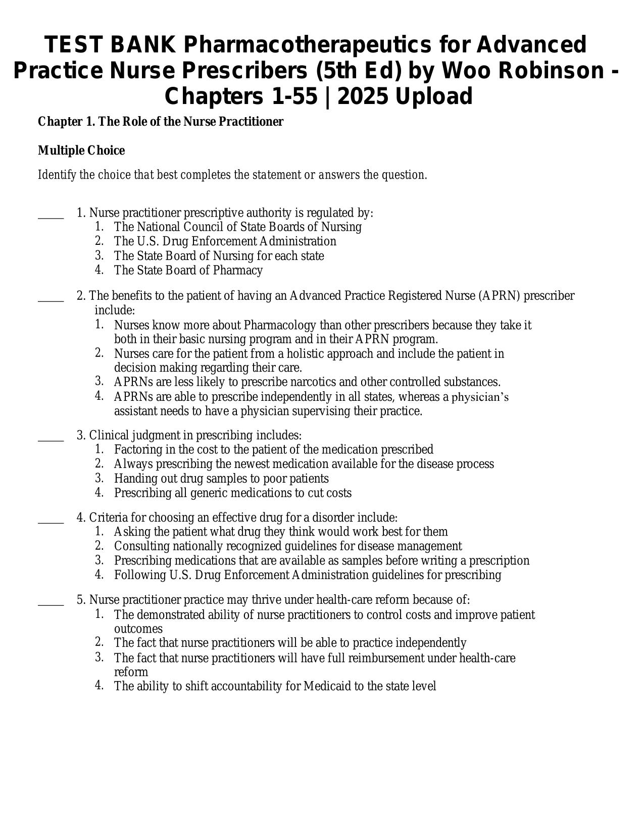 TEST BANK Pharmacotherapeutics for Advanced Practice Nurse Prescribers 5th Ed by Woo Robinson ISBN 9780803669260 Chapters 1-55