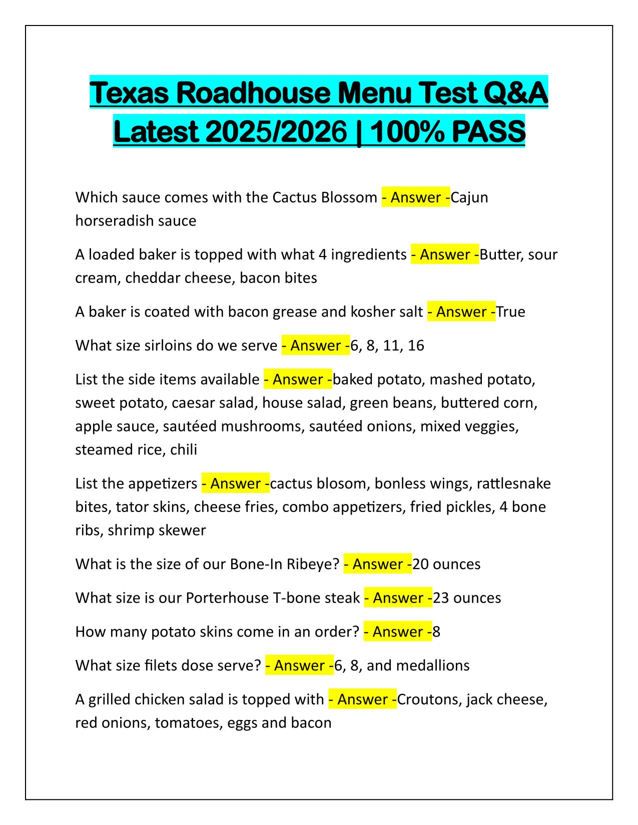 Texas Roadhouse Menu Test Correctly Answered Q&A Latest Update 2025-2026