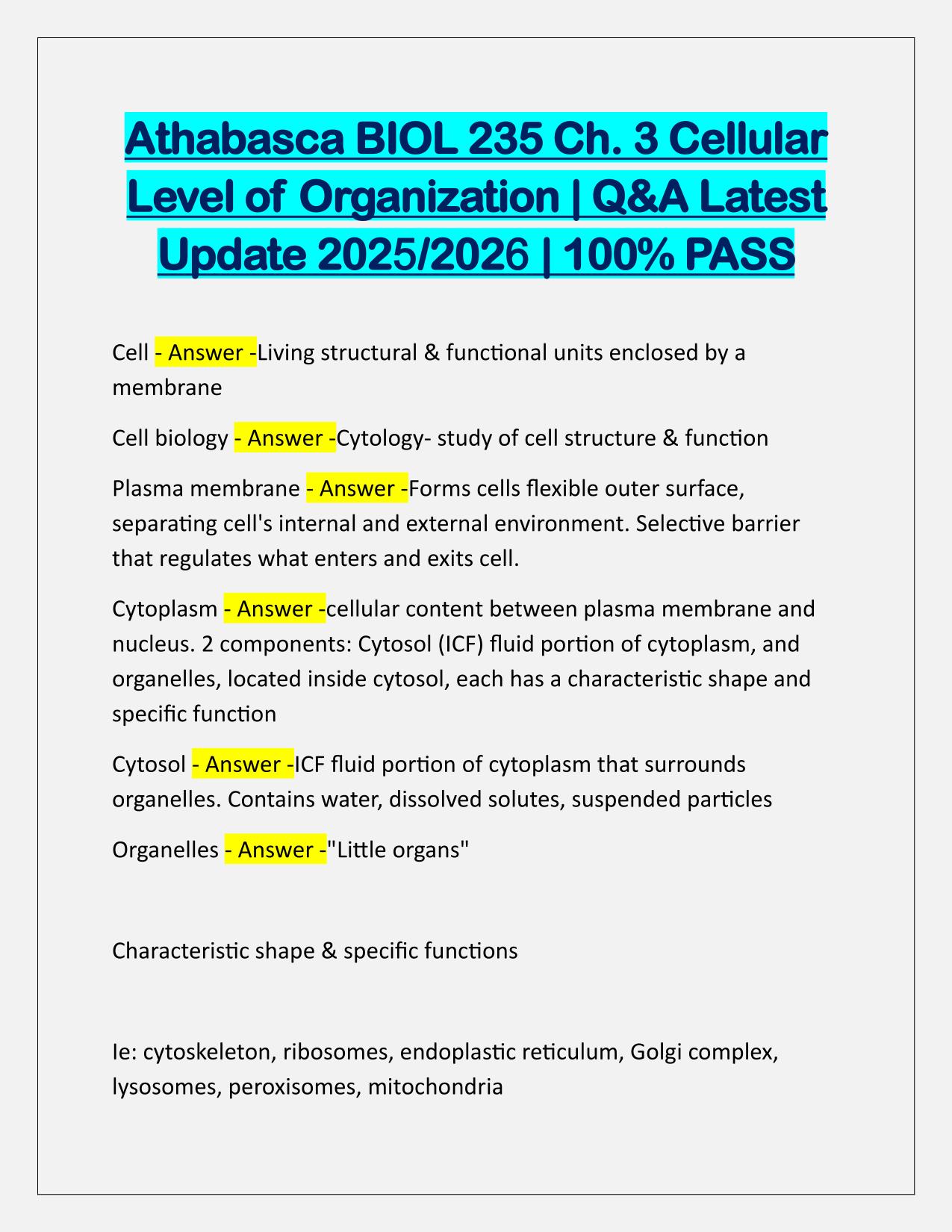 Athabasca BIOL 235 Ch 3 Cellular Level of Organization Q&A Latest Update