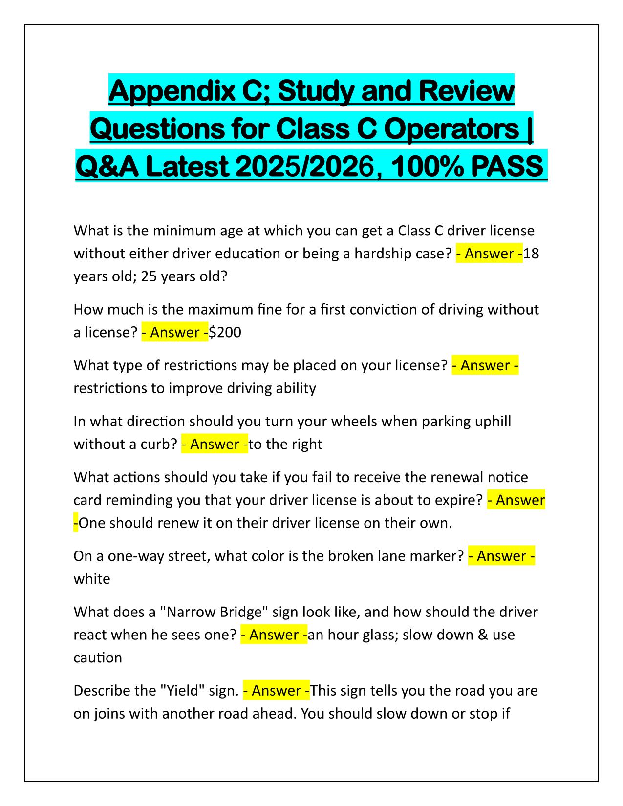 Appendix C Study and Review Questions for Class C Operators Q&A Latest Update