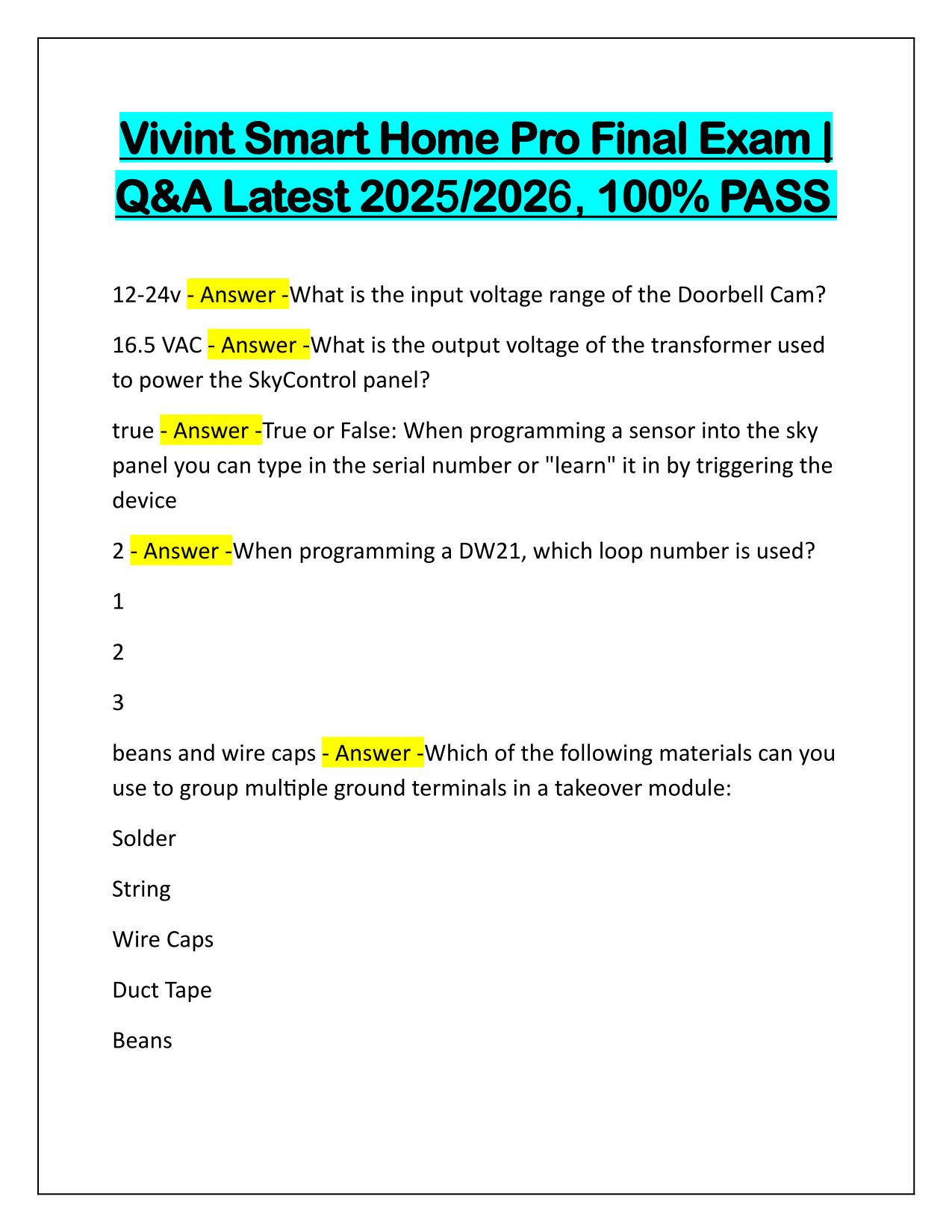 Vivint Smart Home Pro Final Exam Q&A Latest Update