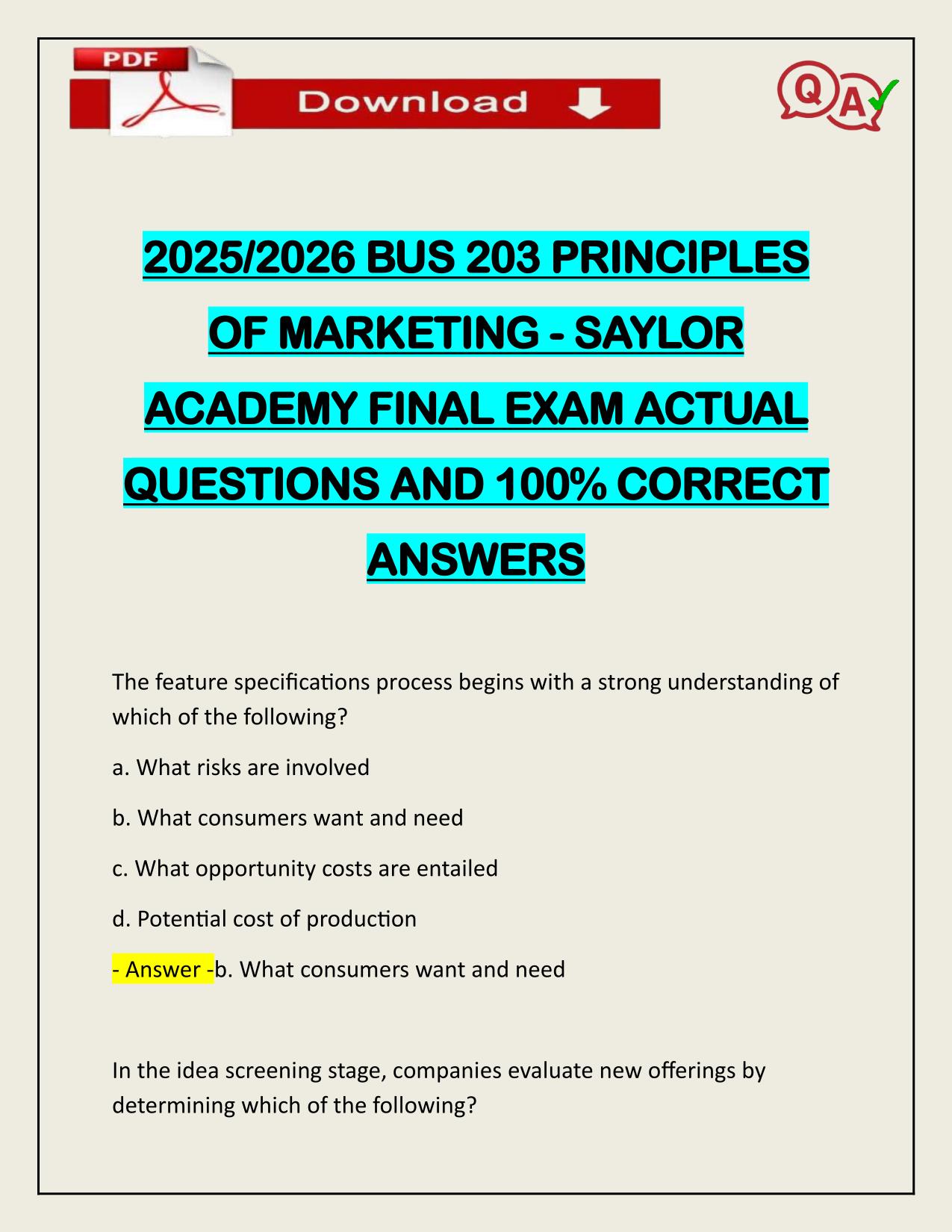 2025/2026 BUS 203 PRINCIPLES OF MARKETING SAYLOR ACADEMY FINAL EXAM