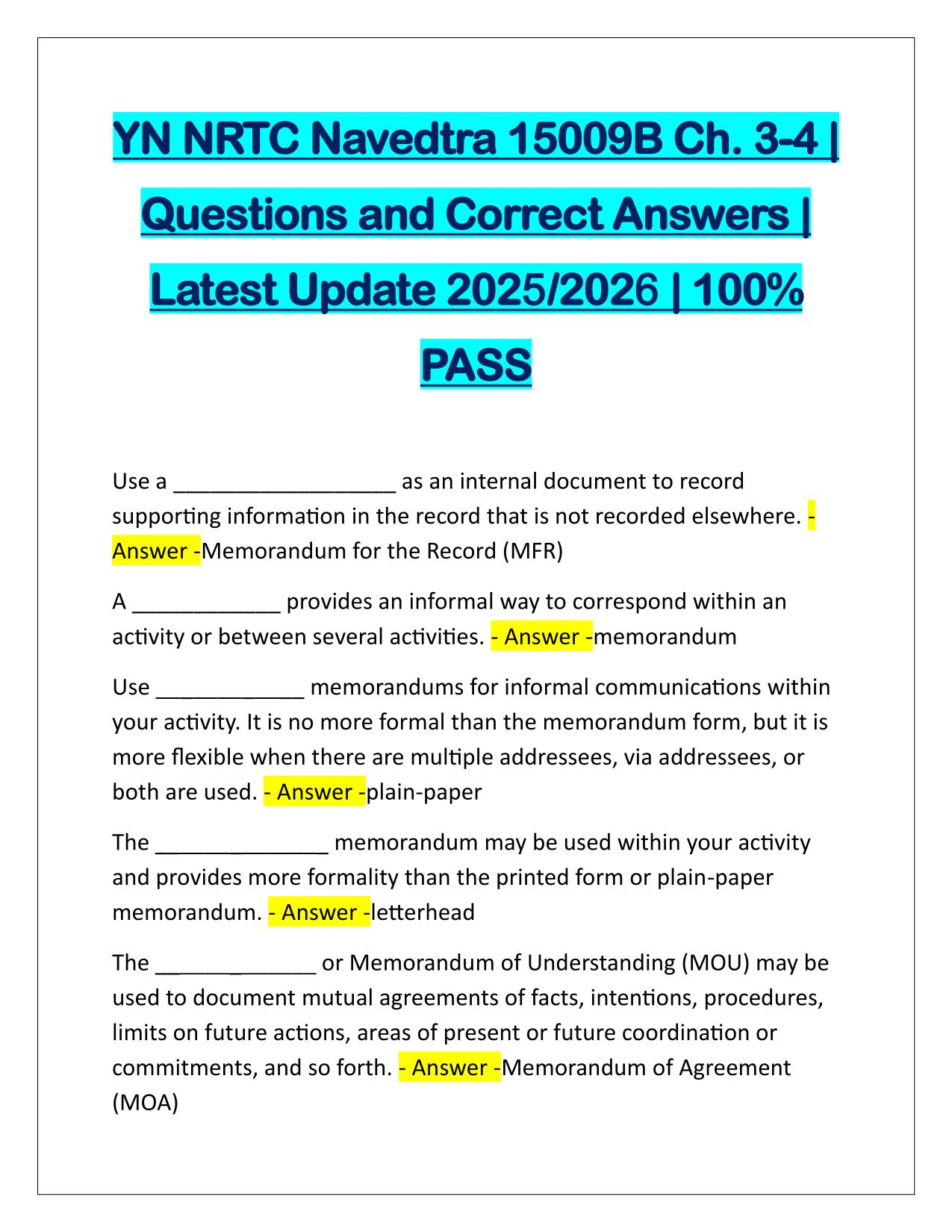 YN NRTC Navedtra 15009B Ch 3-4 Questions and Answers Latest